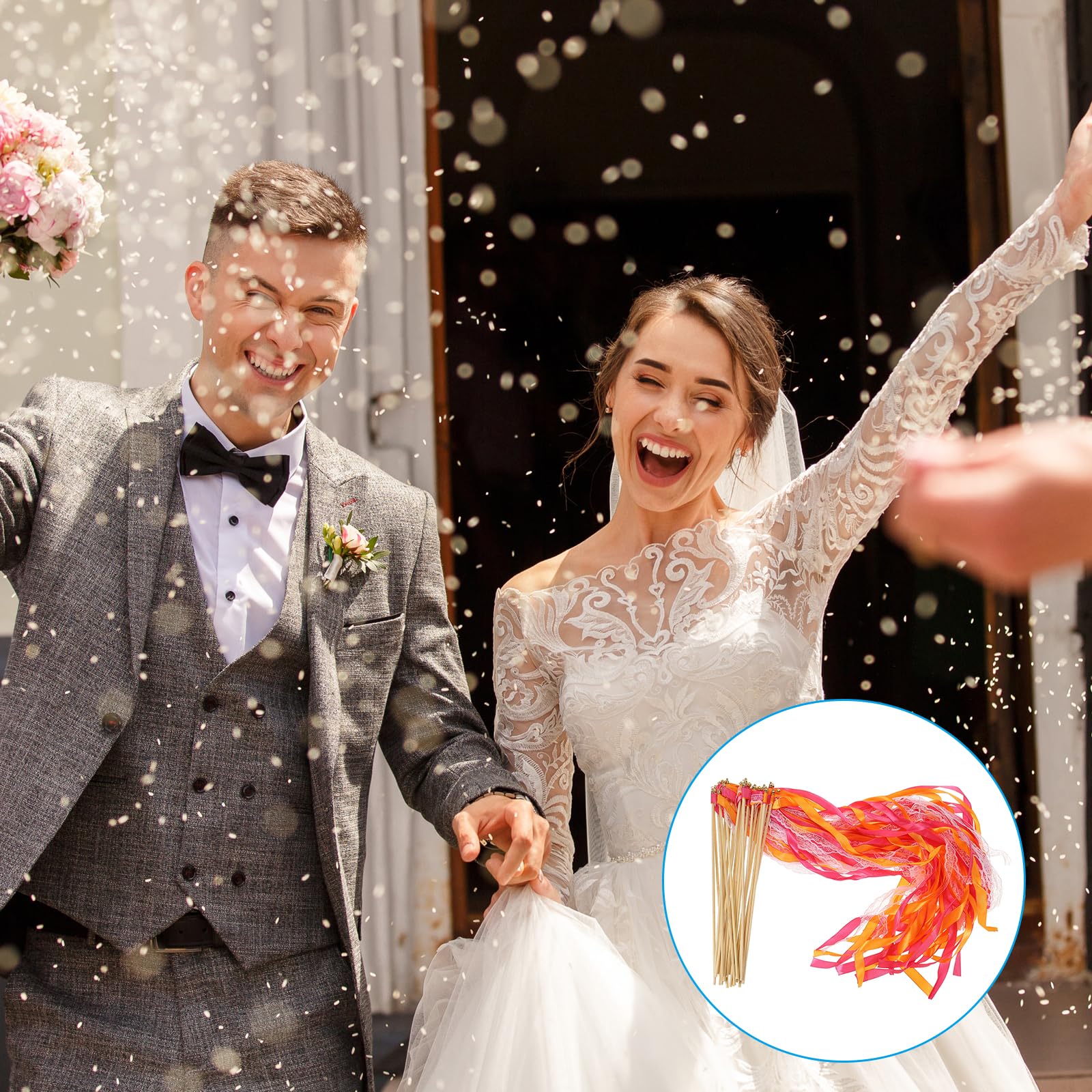 PATIKIL Schleife Sticks Feenstäbe 50 Pack Spitze Seide Feenstab Wand Versand Luftschlangen für Hochzeit Party Geburtstag Urlaub Feiern Fuchsie/Orange