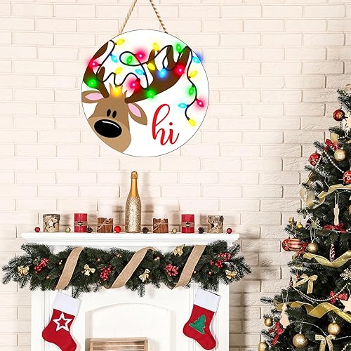 Miniatura 4 de Letrero de madera de Navidad con luces LED, bombilla de alce colgante, letrero de madera para puerta delantera, letrero colgante de madera de alce
