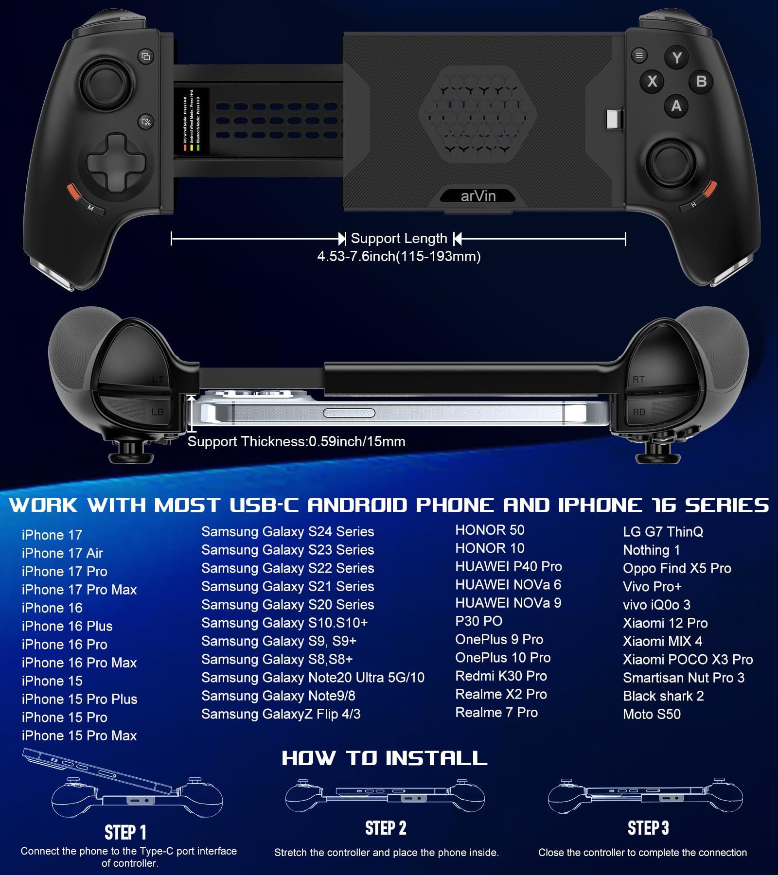 arVin Controlador móvil para juegos para Android y iPhone serie 15/16 (USB-C), controlador de teléfono inalámbrico con joystick de efecto Hall, Xbox Cloud/Steam Link/GeForce Now, Call of Duty,