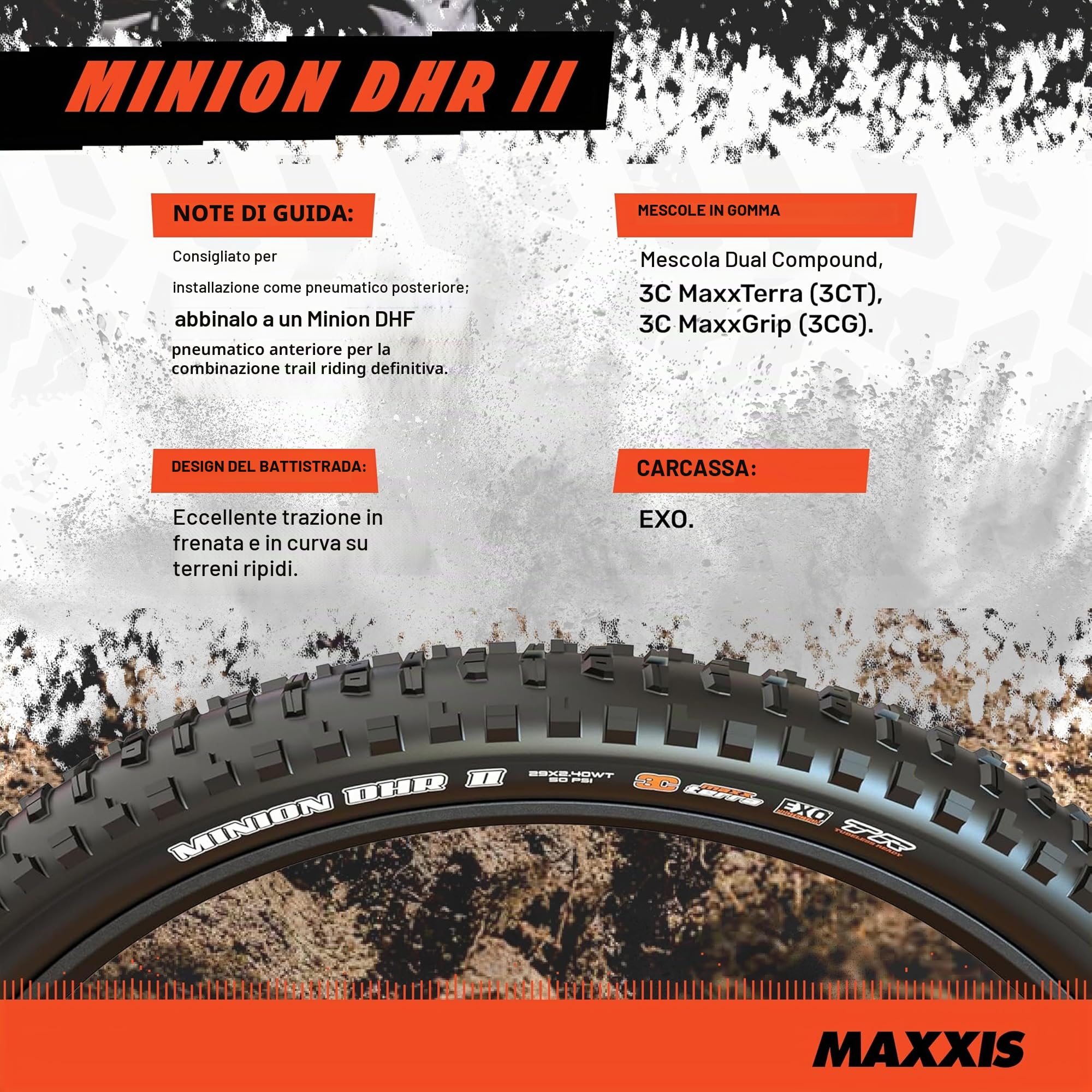 MAXXIS Minion DHR II - Dual Compound EXO - E25 Rating, Tubeless | Excellent Braking and Cornering Traction in Steep Terrain