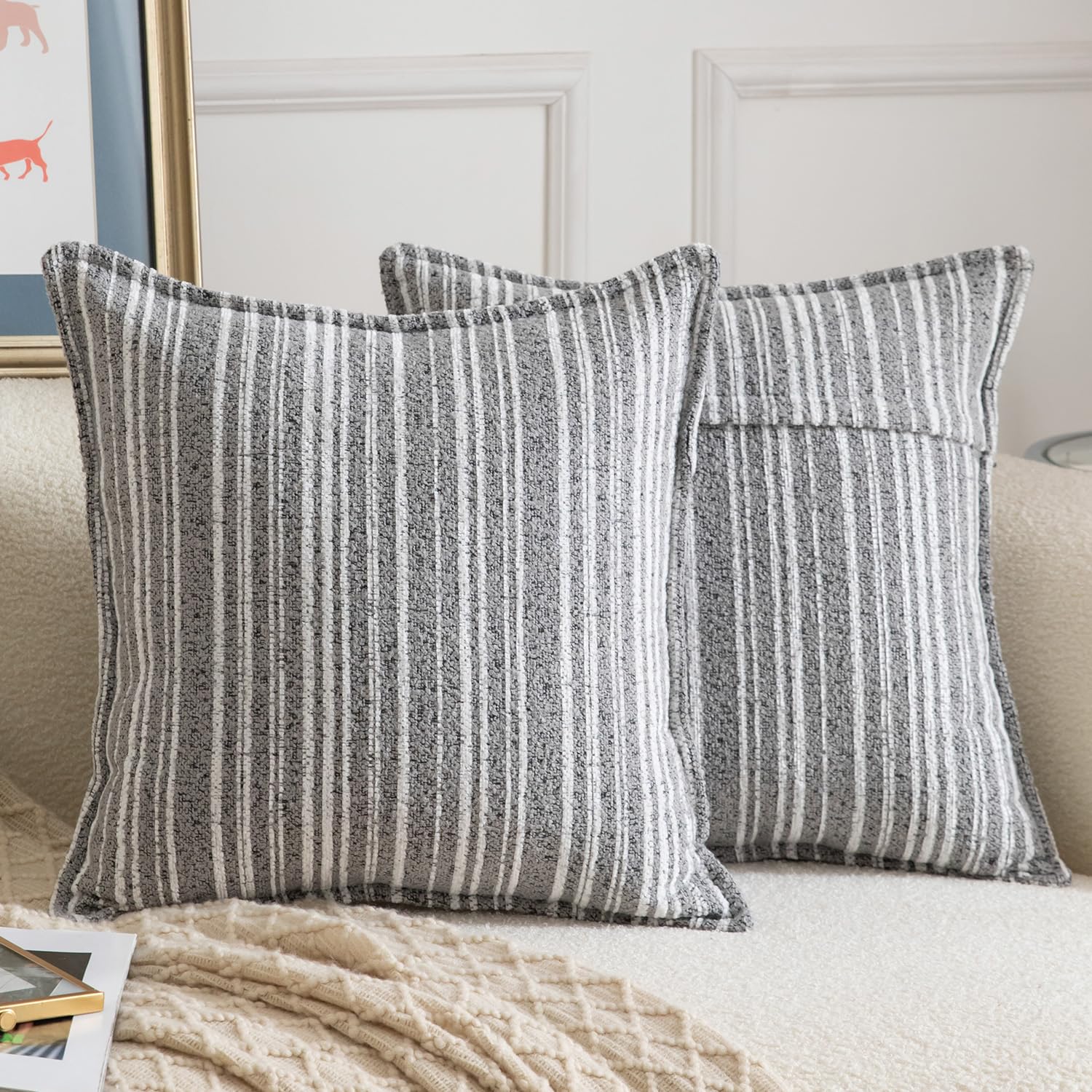 Madizz 2 Pezzi Copri Cuscini in Boucle con Bordo Decorativo Neutri Morbido Copricuscini Fodere per Cuscino Lusso Stile Arredi per Divano e Letto Grigio chiaro 45x45 cm