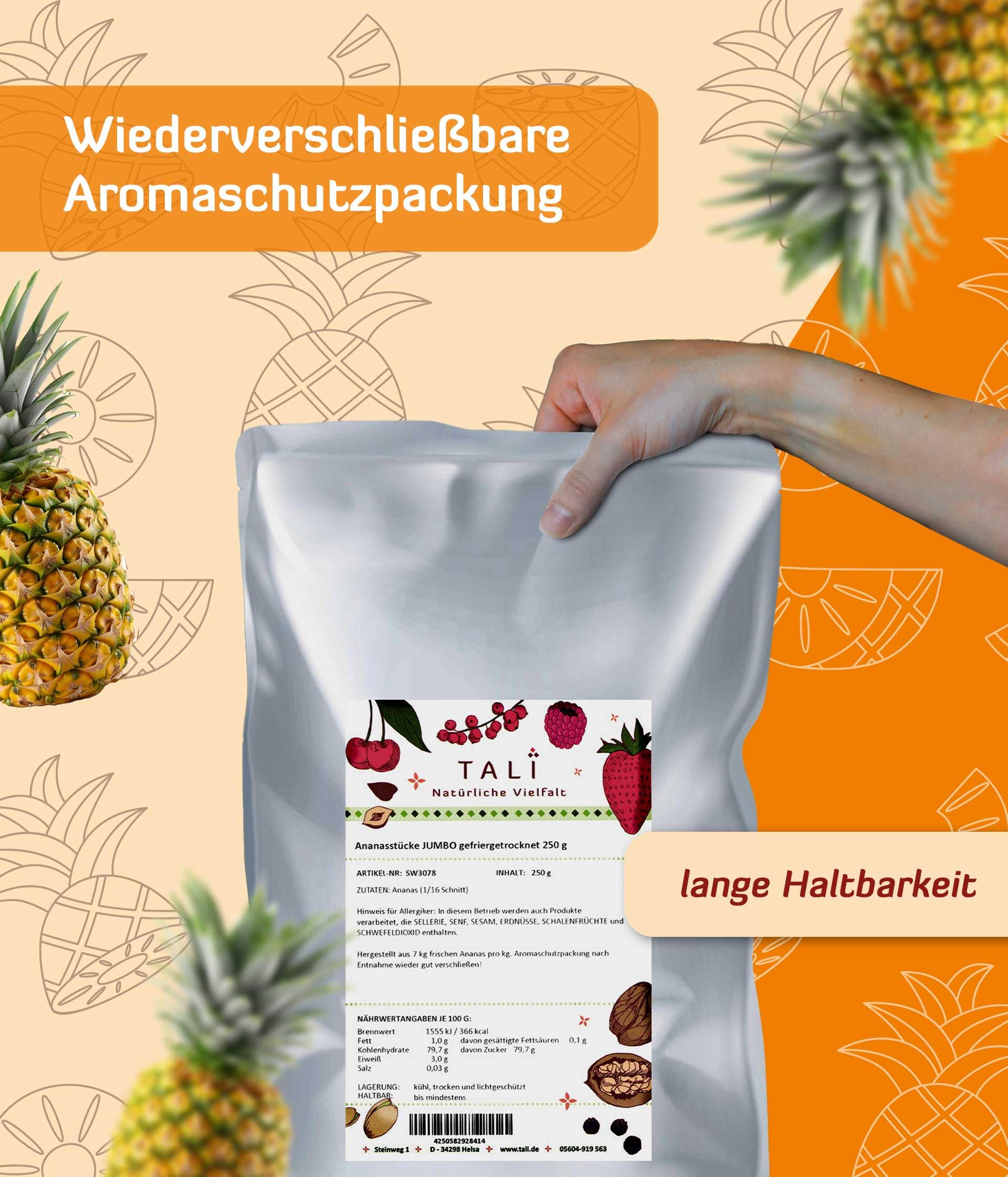 TALI Ananasstücke JUMBO gefriergetrocknet 1000 g | Größe: 1/16 Schnitt