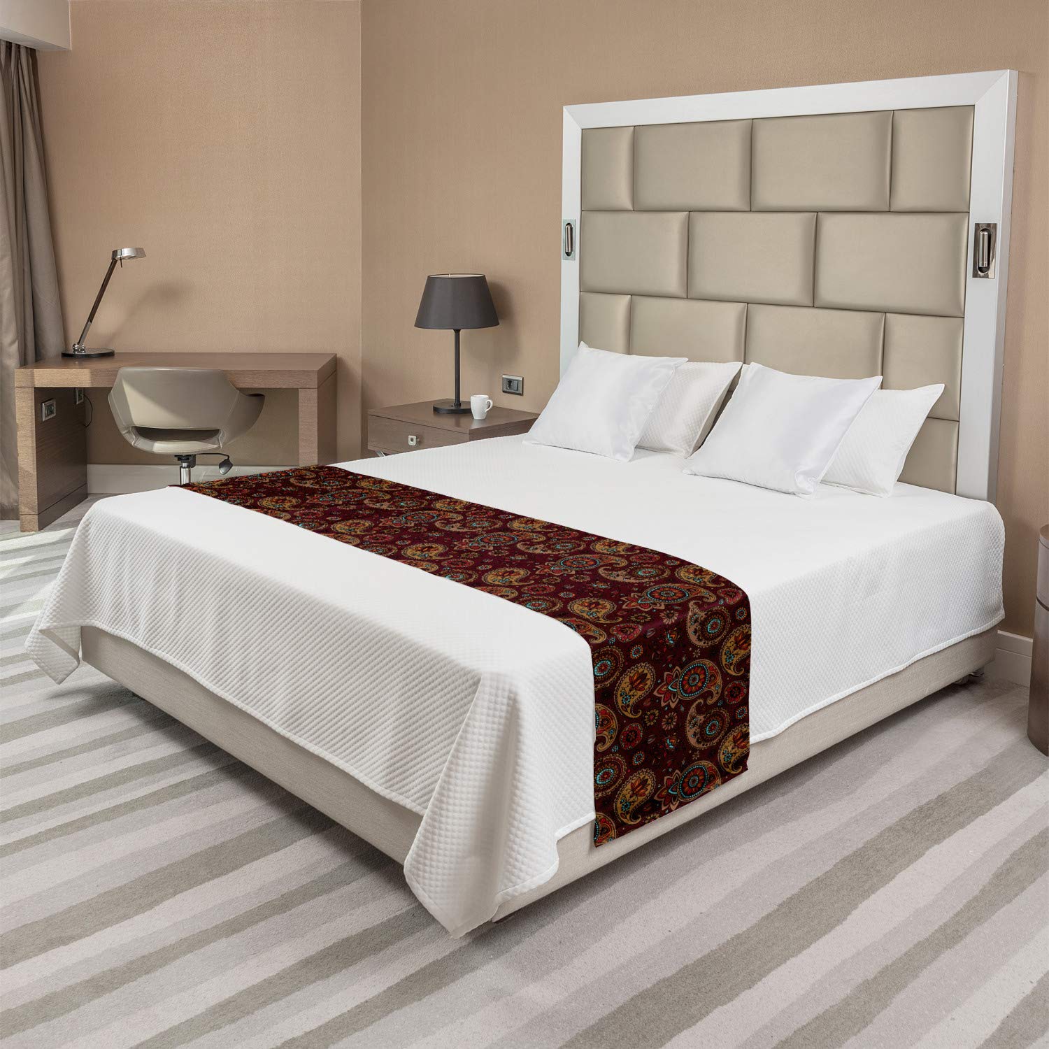 Ambesonne Paisley Bed Runner, Middle Pattern Tribal Art Bohemian Themed Composition Printed Image, Decorative Accent Bedding Scarf for Hotels Homes & Guest Rooms, Queen, Burgundy and Dark Mustard