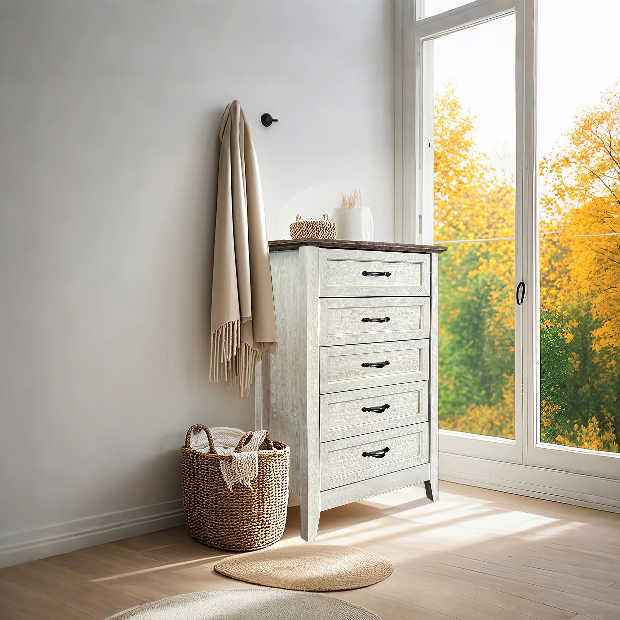 Raffiniertes Bauernhaus Design - Vintage Kommode mit 5 Schubladen aus Holz - Perfekt für Schlafzimmer, Wohnzimmer, Eingang, Kinderzimmer und Flur - Ideal zum Organisieren von Schränken