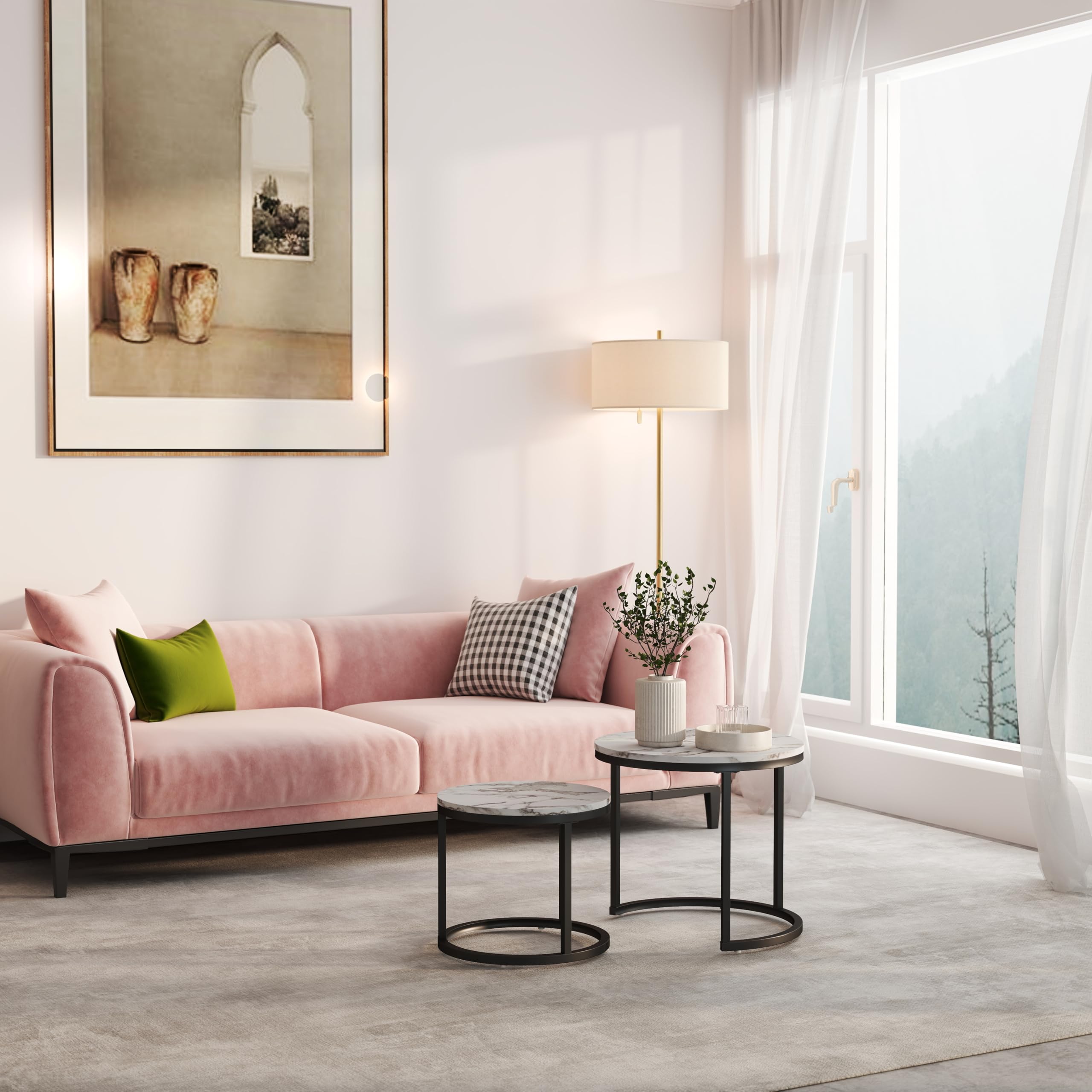 Tavolini da Salotto set di 2 pezzi, Marmo Effetto Texture Tavolo Rotondo, cornice nera Tavolino da Salotto Moderno, Tavolino Salotto Bianco accomodabilee