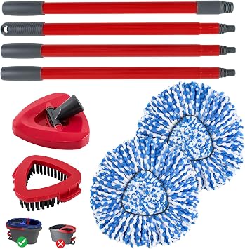 Spin Mop Handle Replacement for Ocedar, Mop Heads Replacements Compatible with RinseClean 2 Tank System,Include 2 Microfiber Mop Replace Heads,4 Section 30-58" Iron Mop Handle,1 Base and 1 Scrub Brush