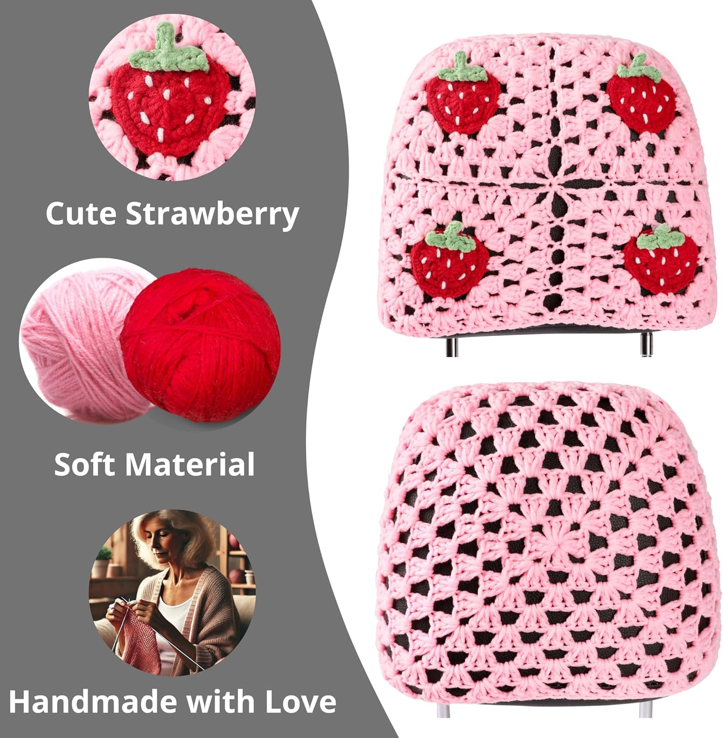 2PCS Crochet Seat Headrest Cover,Car Head Rest Protector,Cute Strawberry Car Accessories for Women, Universal Seat Cover Boho Car Decor Fit Sedans,SUVs,Trucks (Pink Strawberry Headrest Cover)