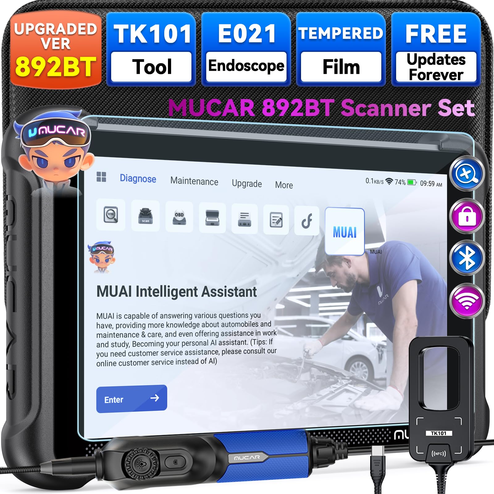 MUCAR Car Diagnostic Tool Combos Professional, 892BT AI-Assisted OBD2 Scanner + TK101 Tool+E021 USB Endoscope+Tempered Glass Screen Protector, 4PCS Automotive Scan Tool Set,Free Lifetime Updates