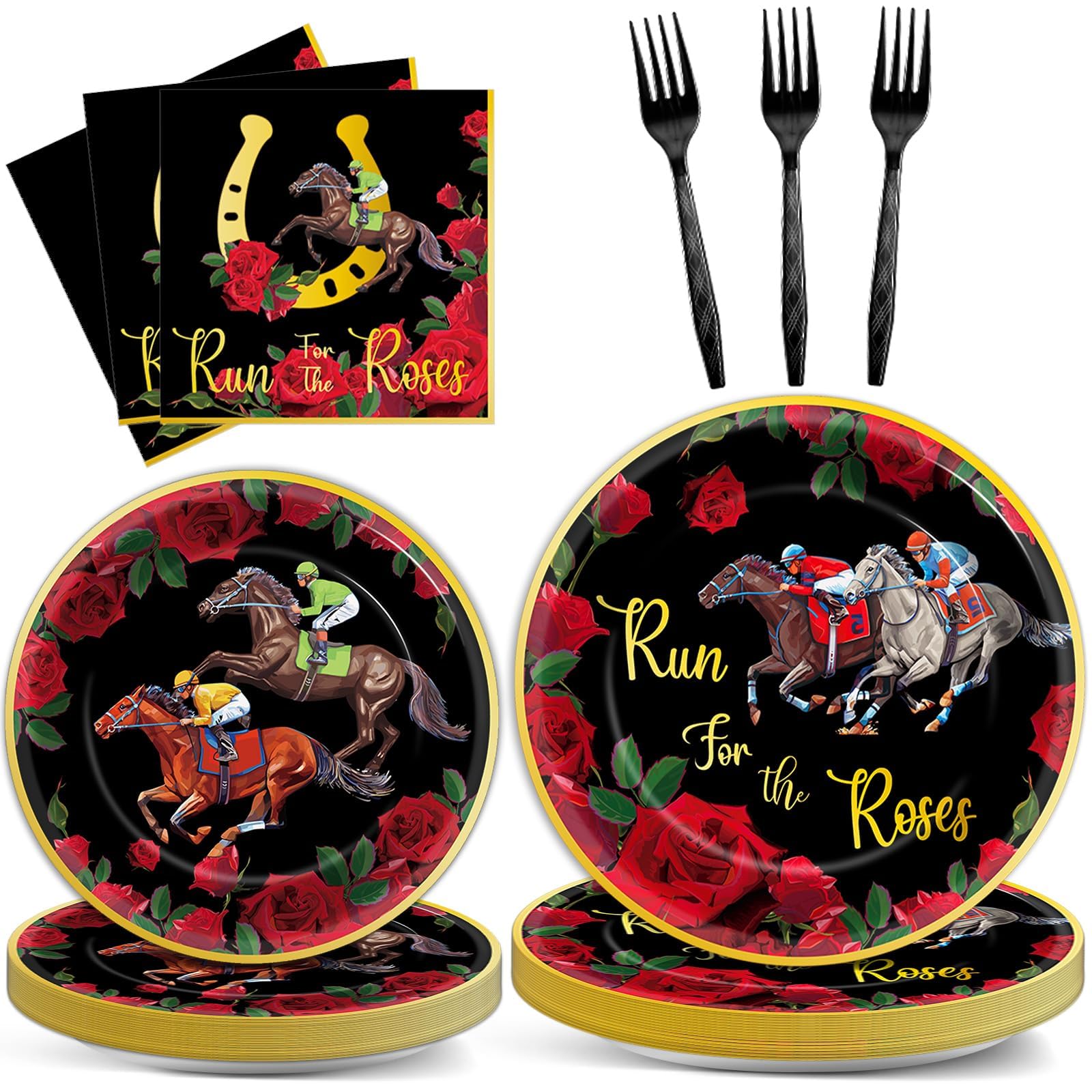 OBUSATT 96PCS Run for The Roses Party Supplies Horse Racing Paper Disposable Plates Napkins Forks Derby Party Decorations Dinnerware Set for Horse
