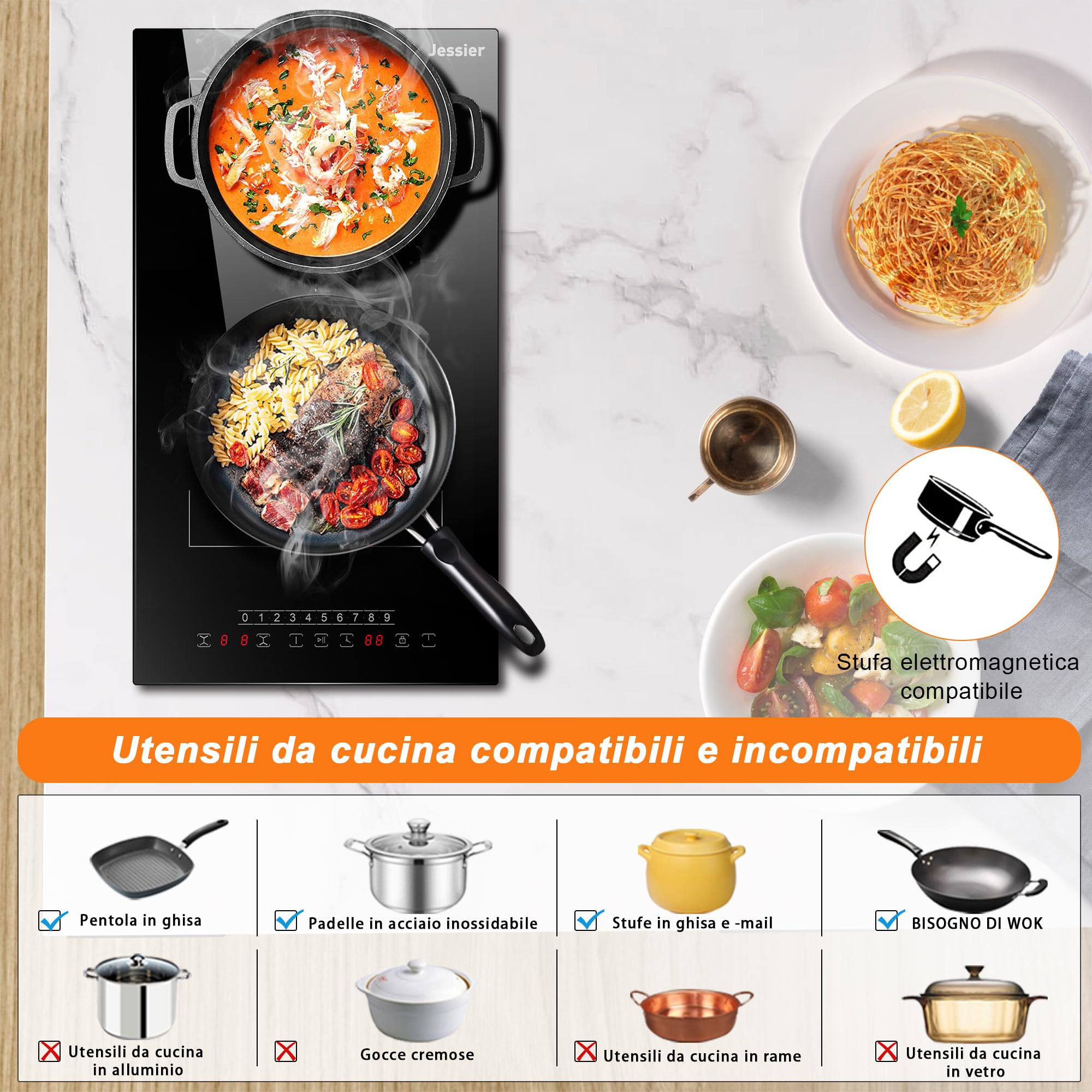 Induktionskochfeld Weiß GIONIEN 2-Zonen Induktionskochfeld 30cm – Mit Stecker, 2800W, Flexzonen, Timer & Kindersicherung, Zum Einbau Induktion Mit Timer