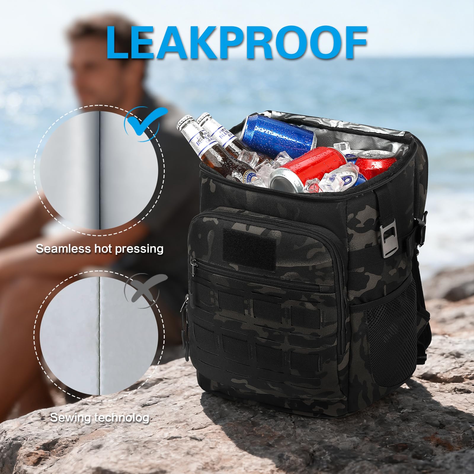 Kühlrucksack 25L Taktischer Kühltasche Rucksack Isolierte Auslaufsicher Kühl Thermo Rucksack mit Flaschenöffner Hält 40 Dosen Picknickrucksack für Camping, Strand, Mittagessen