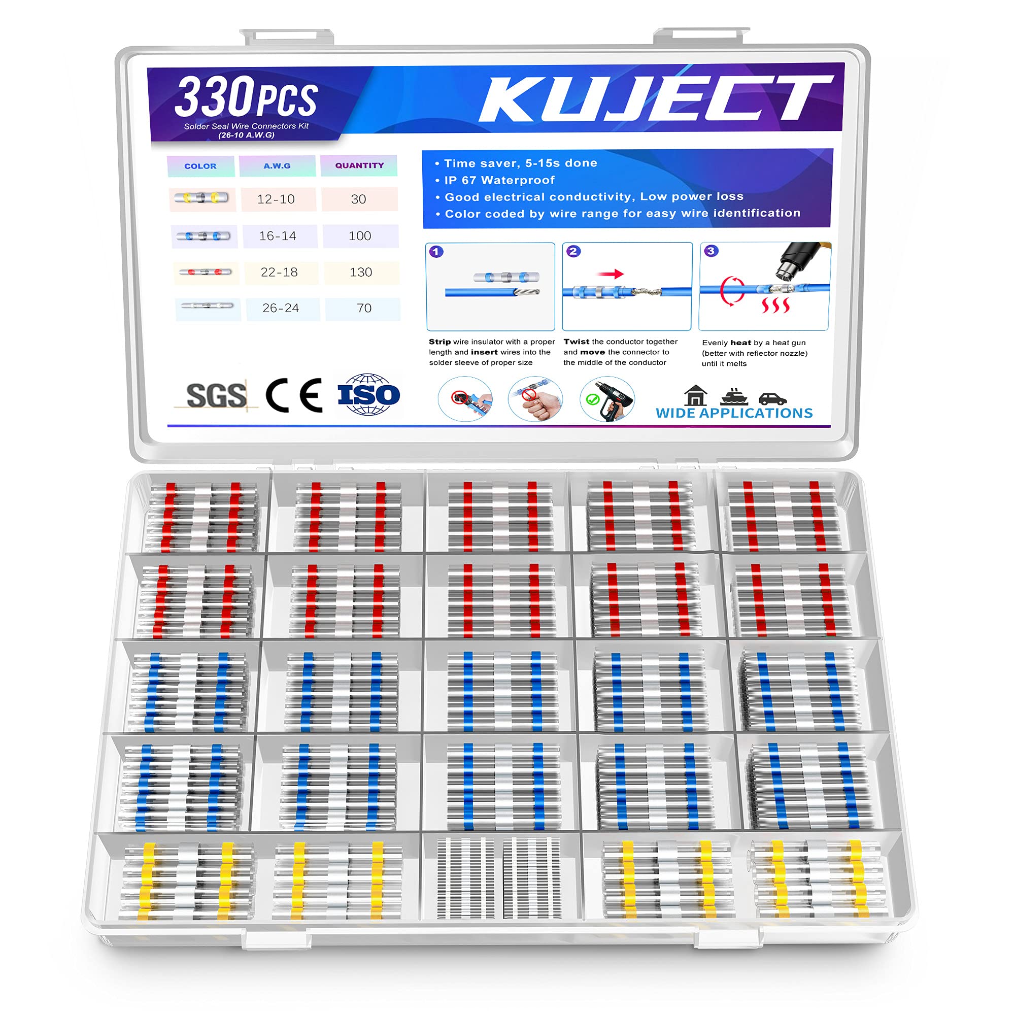 Kuject 330PCS Solder Seal Butt Connectors Kit, Heat Shrink Wire Connectors, Waterproof and Insulated Electrical Wire Terminals, Butt Splice for Marine Truck Automotive