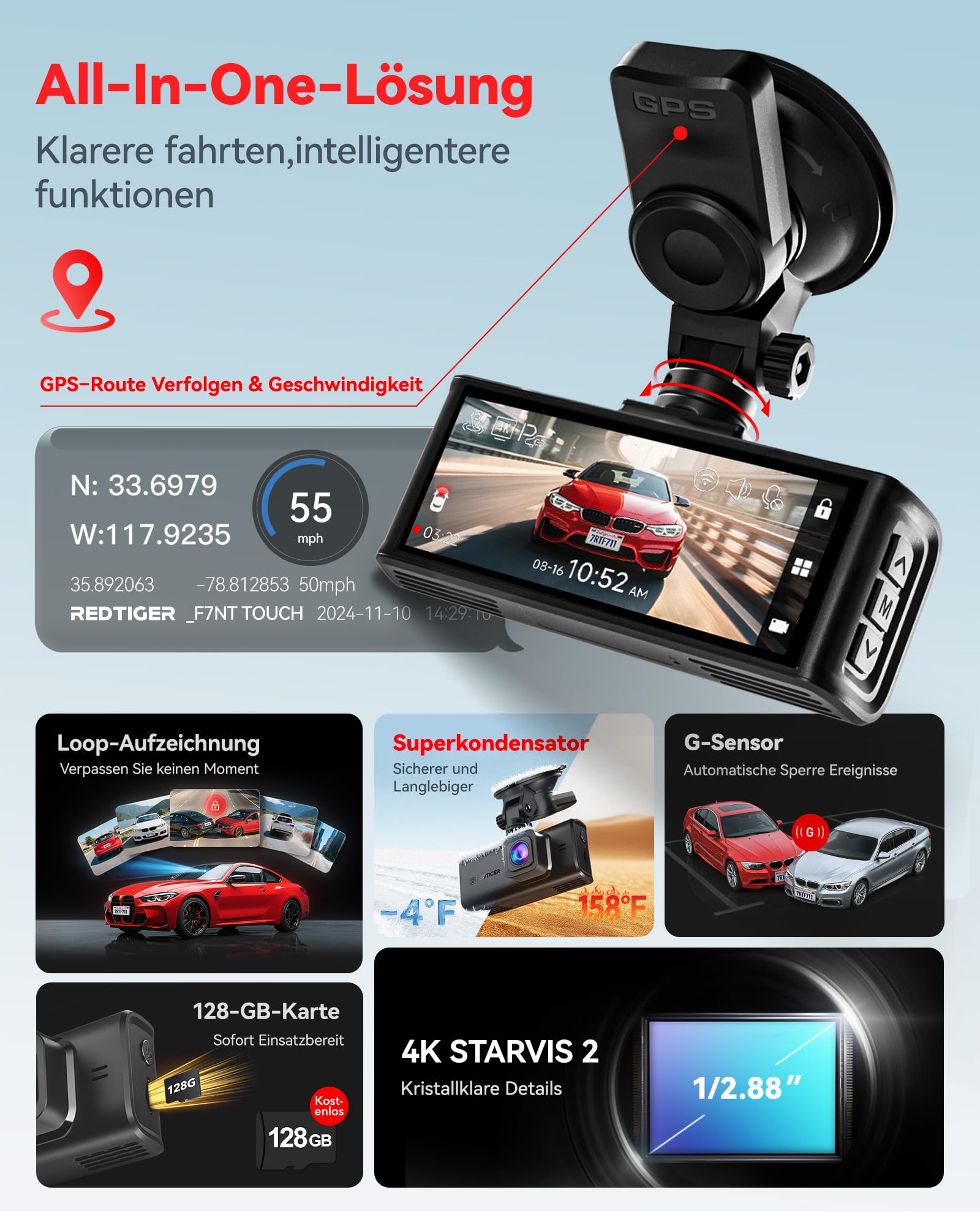REDTIGER 4K STARVIS 2 Dashcam Auto Vorne Hinten Touchscreen 3.18 Zoll Sprachsteuerung WiFi 6 GPS 2160P UHD Nachtsicht Parkmonitor F7N Touch