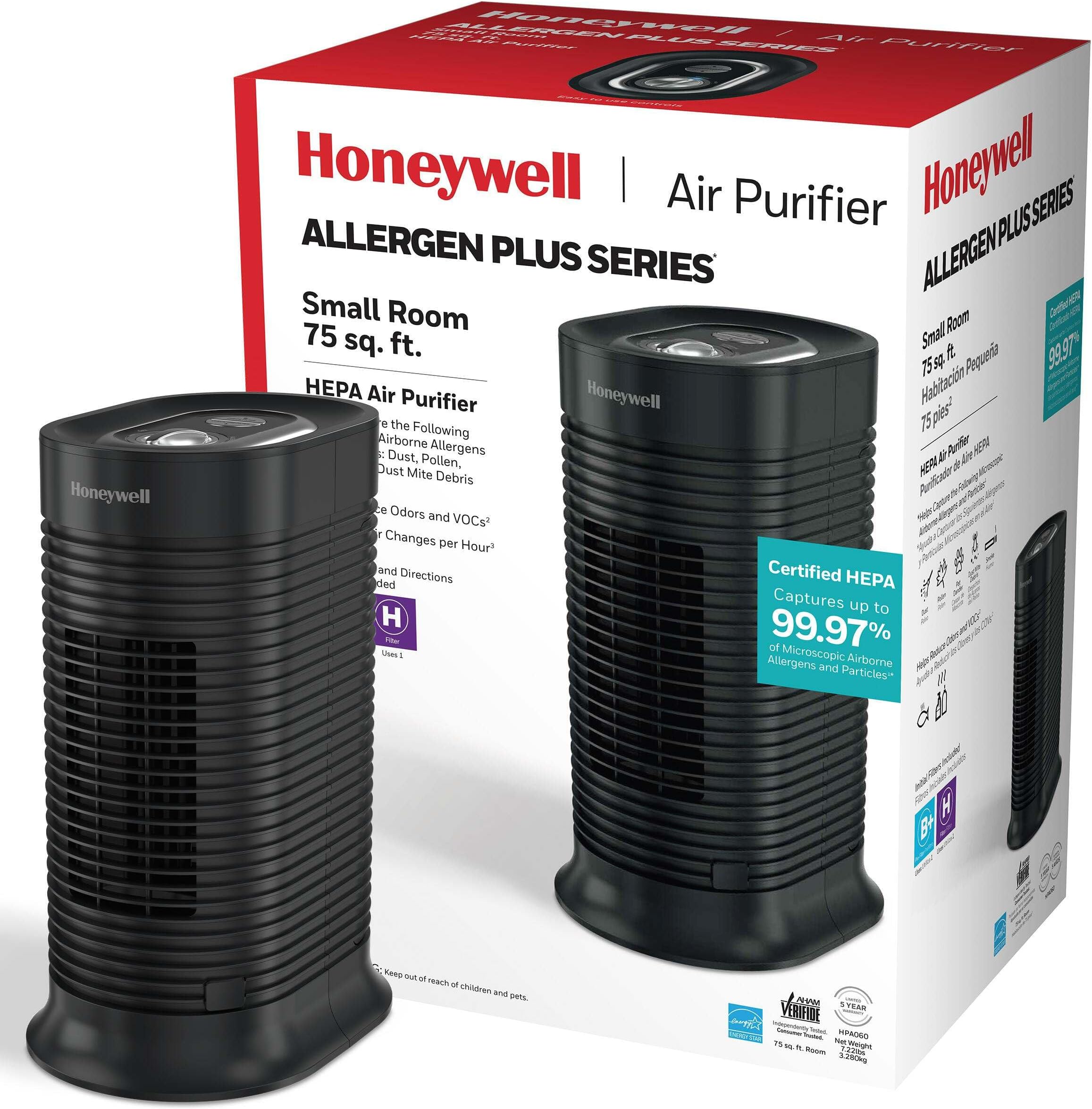 HPA060 HEPA Tower Air Purifier, Airborne Allergen Reducer for Small Rooms (75 sq ft), Black - Wildlfire/Smoke, Pollen, Pet Dander, and Dust Air Purifier