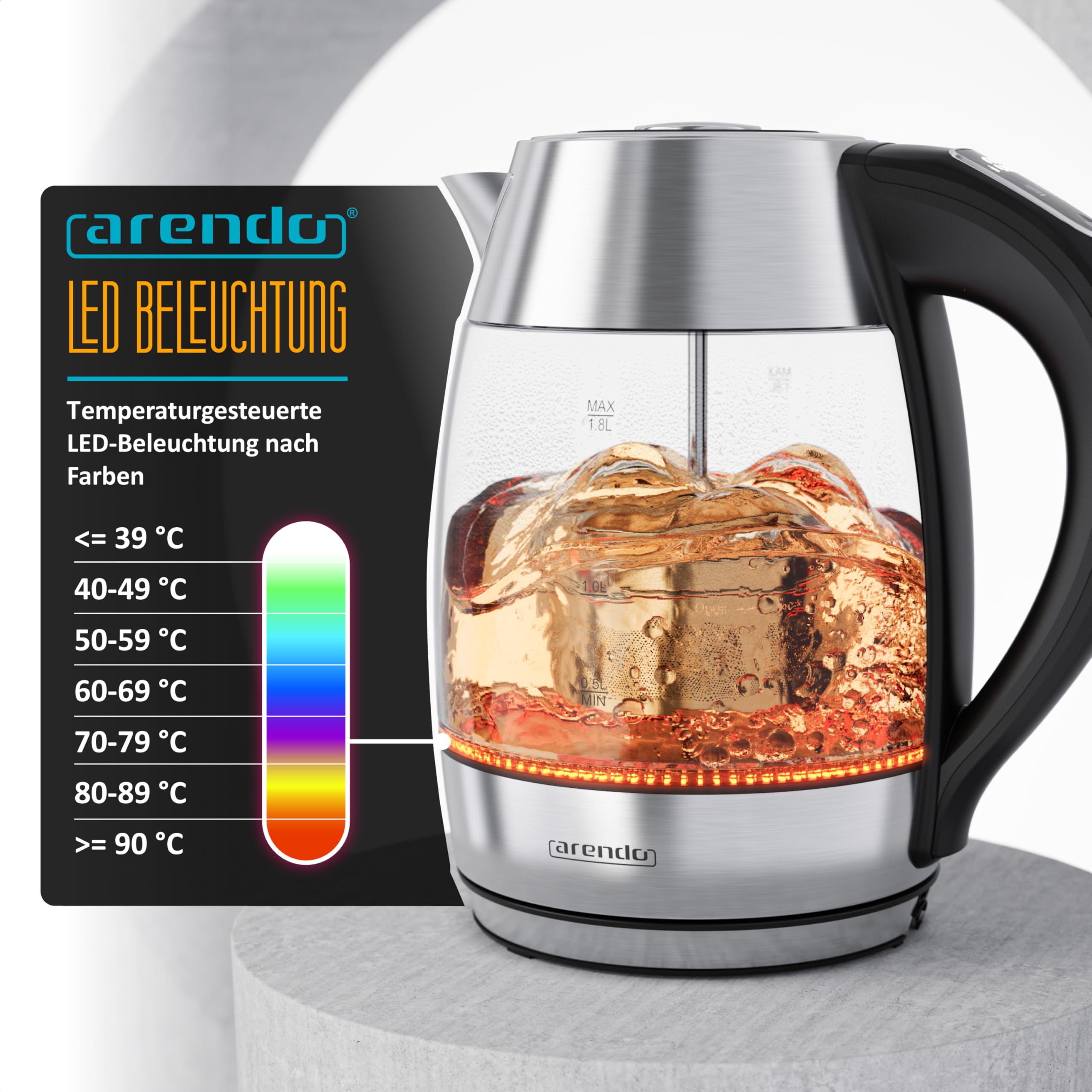 Arendo - Glas Wasserkocher mit Temperatureinstellung - Edelstahl - temperaturabhängige LED Beleuchtung - 2200 W - 1,8 L – 2 Deckel (1x mit und 1x ohne Teesieb) – Kalkfilter – Warmhaltefunkti