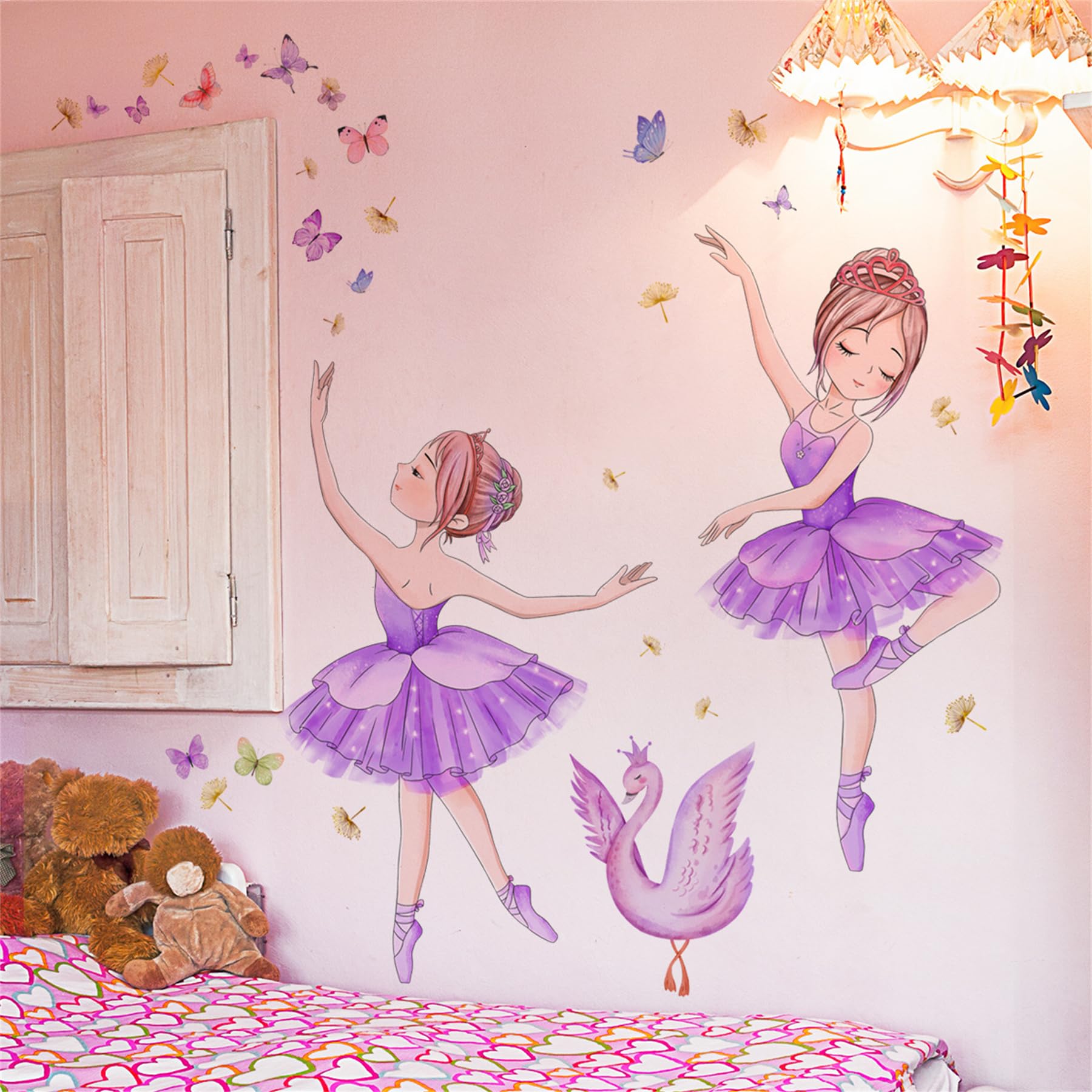Girl Wall Stickers, Purple Dancing Girl Home Decor Wall Decals with Swan Butterfly