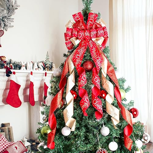 Vista 38 de Decoración para árbol de Navidad, lazo de corona de Navidad, 45 x 12 pulgadas, arpillera grande con borde de poliéster blanco y rojo, lazo de regalo