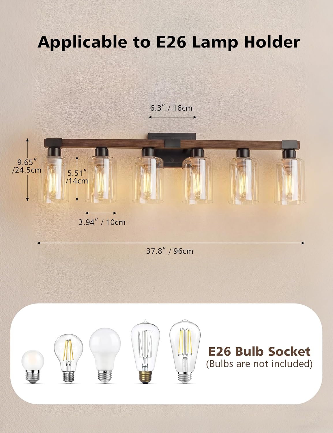 VOLISUN Farmhouse Bathroom Light Fixtures, 6 Light Bathroom Vanity Lights Over Mirror, Rustic Vanity Light for Bathrooms,Wood Bathrooms Lights Fixtures Over Mirror-UL Certificated