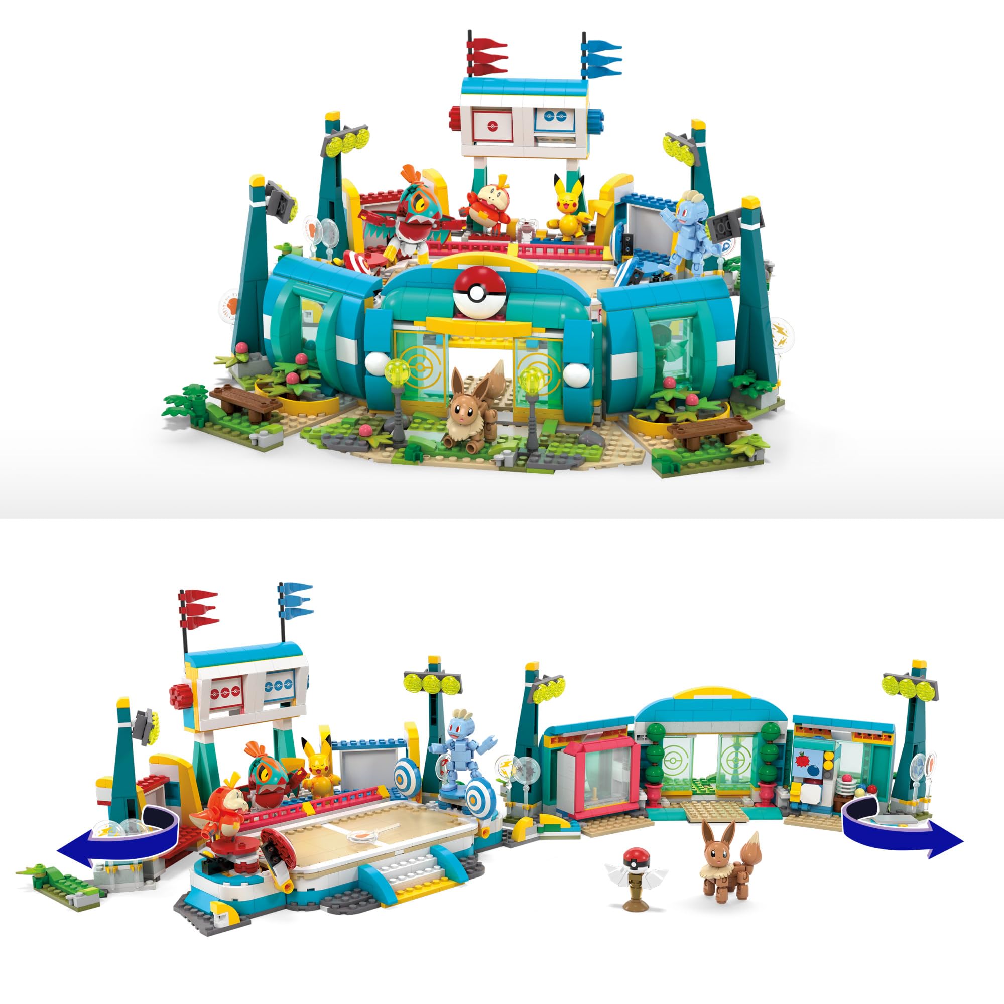 MEGA Pokemon Stadion treningowy Klocki Zestaw konstrukcyjny (1107 elementów) z 5 figurkami do ustawiania w różnych pozach i zabawą w pojedynki, zabawka konstruktorska dla dzieci, HWR82