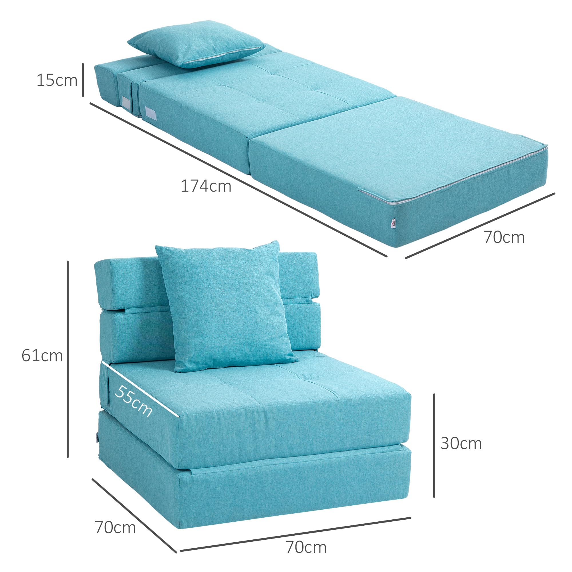 HOMCOM Schlafsessel klappbar, Schlafsofa, 2-in-1 Klappsessel mit Bettfunktion, Relaxsessel mit Kissen, Gästebett für Wohnzimmer, Schlafzimmer, bis 120 kg Belastbar, Blau