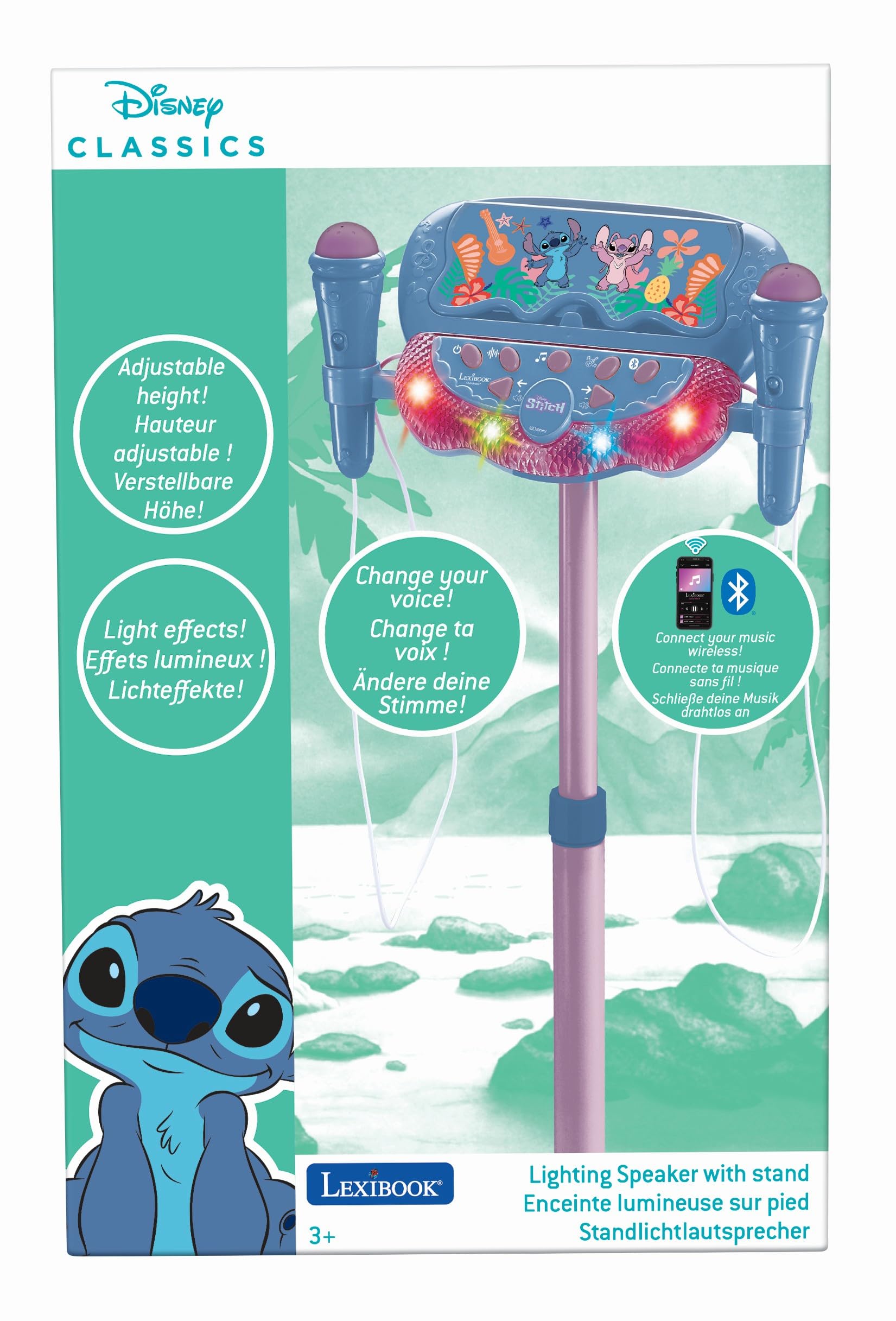 Lexibook Stitch, Altoparlante Luminoso su Supporto per Bambini, Gioco Musicale, Altezza Regolabile, Effetti di Luce, 2 microfoni Inclusi, Ingresso MP3, Bluetooth, Blu, S160D