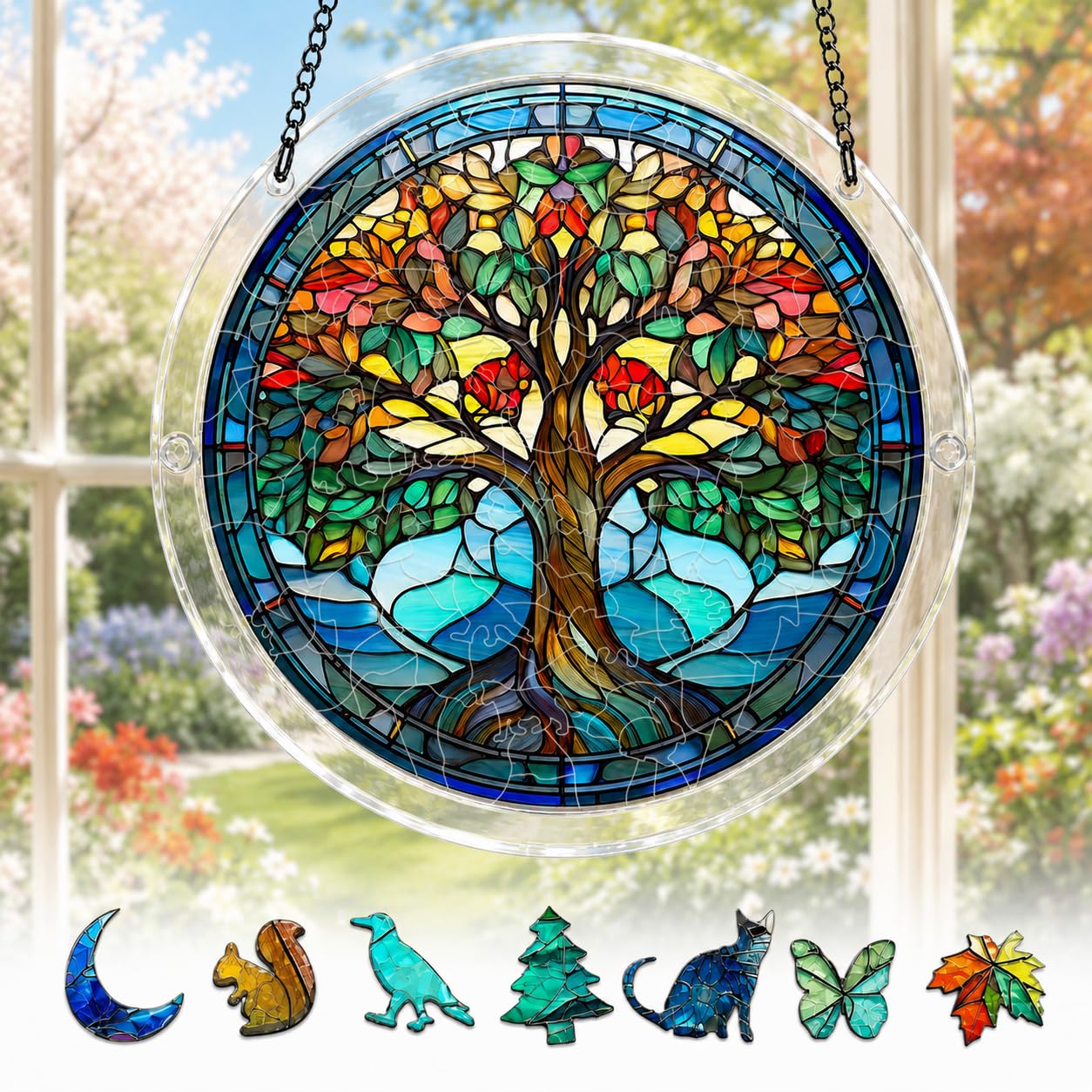 Acrylic Jigsaw Suncatcher, 19cm 71-Piece DIY Puzzle for Adults, 2mm UV-Printed Stained Glass-Style Window Hanging Decor with Chain, Creative Craft Gift for Home & Garden，Four Seasons Tree