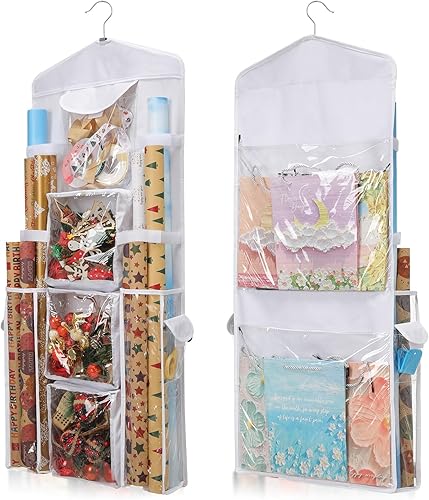 EXLIFBAG Organizador de almacenamiento de papel de regalo, organizador de envoltorios de regalo con soporte de doble cara y bolsa de regalo colgante