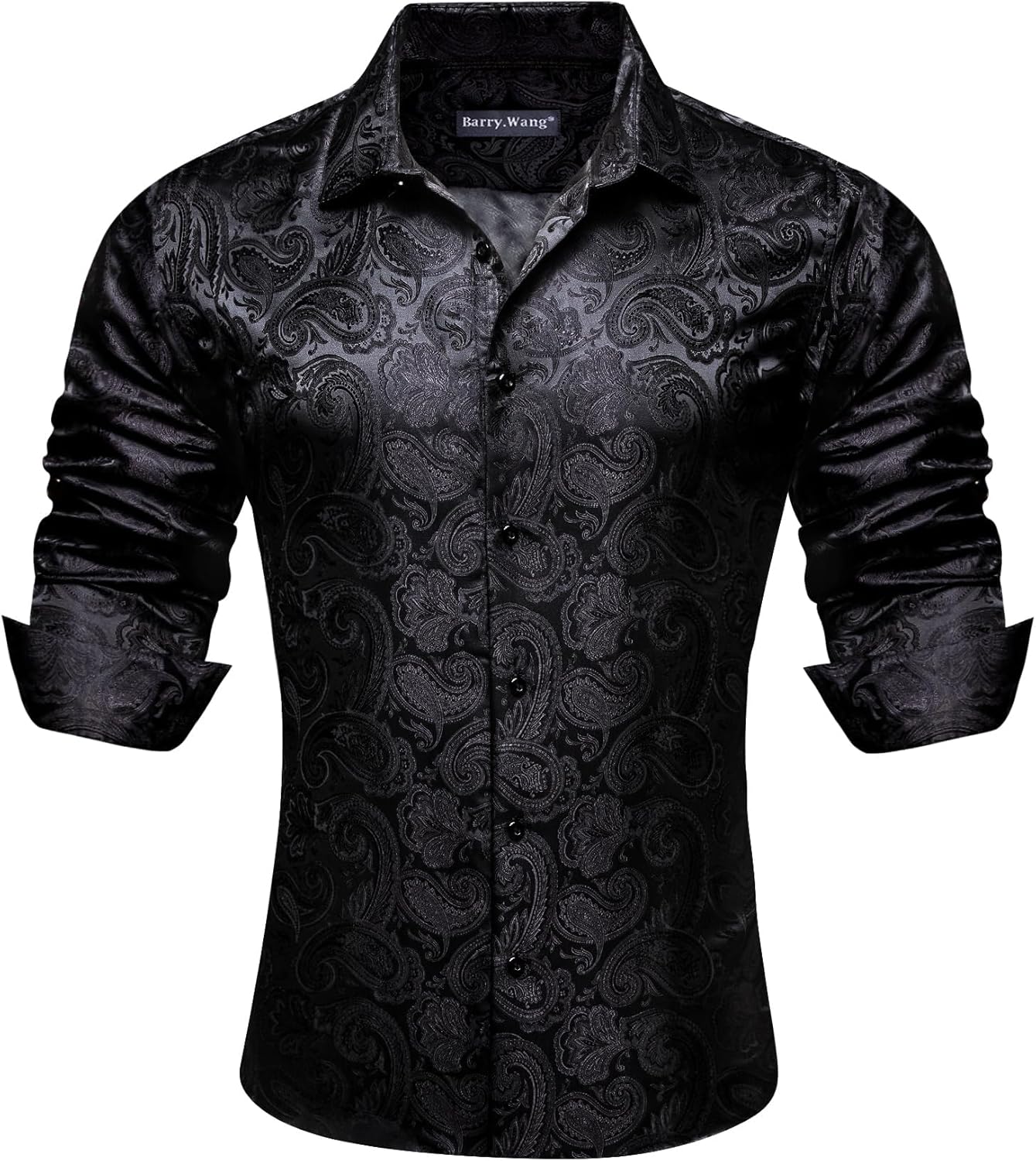 Barry.Wang Men's Silk Shirts Button Down Dress Shirt for Men Satin Paisley Floral Long Sleeve Cowboy Casual Mexico Shirts