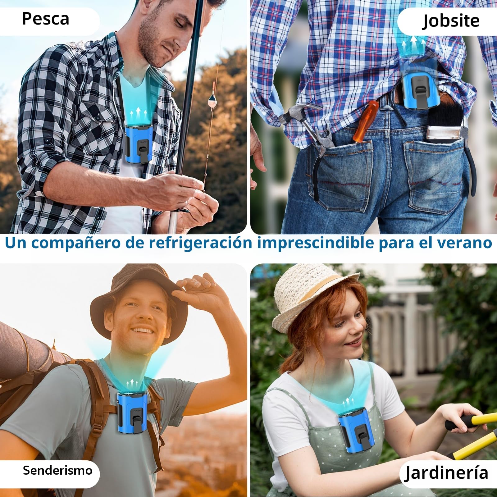 Picozon Ventilador Inteligente Portátil con IA，Recargable con 4 velocidades ajustables, Diseño manos libres y portátil (clip para cintura y collarín) - Azul