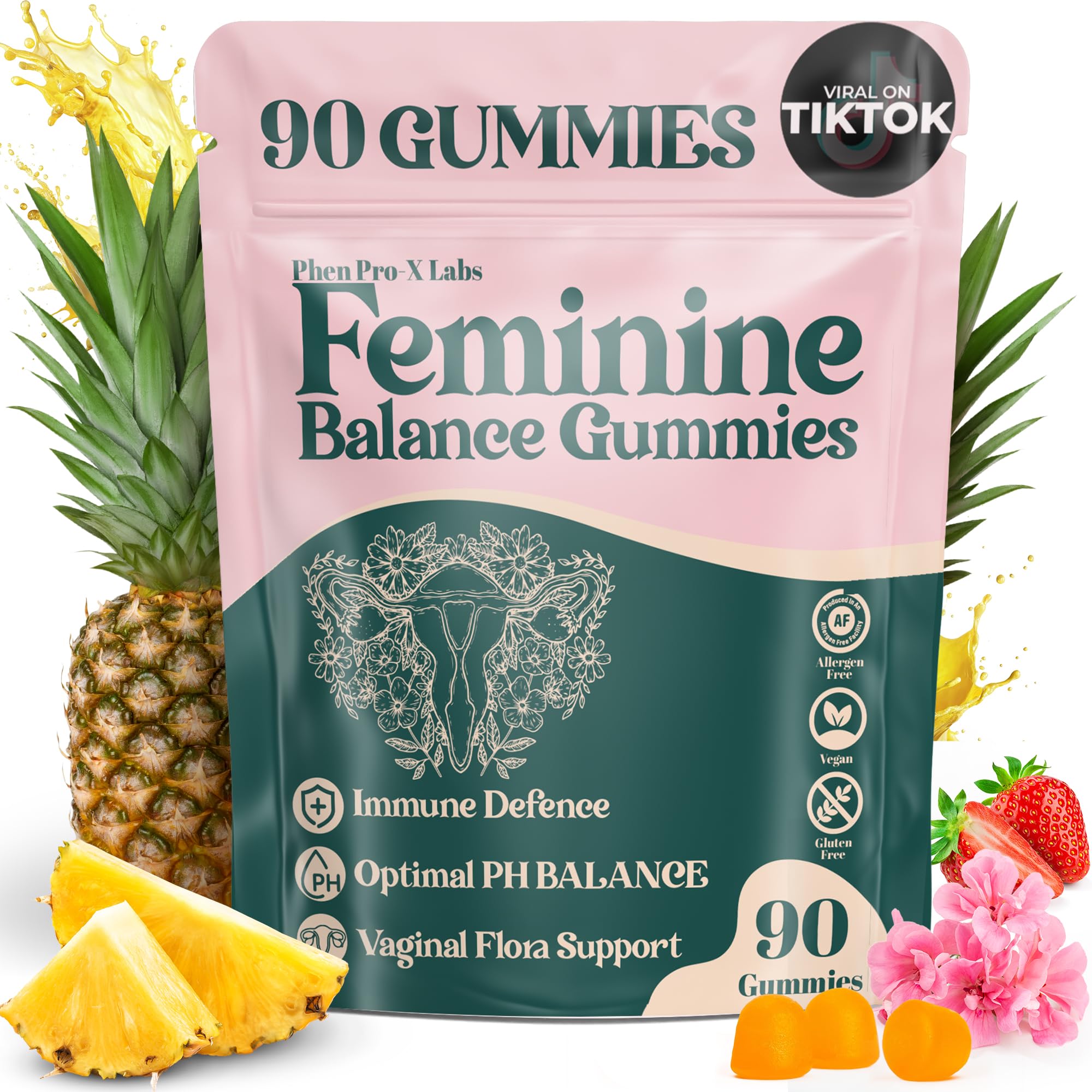 Premium Feminine Balance Gummies for Women’s - Hawaiian Pineapple Gummies for Women pH, 4-in-1 Benefits Includes pH Balance, Healthy Odor, Flora and Immune Support -90 Count (Vegan & Gluten-Free)