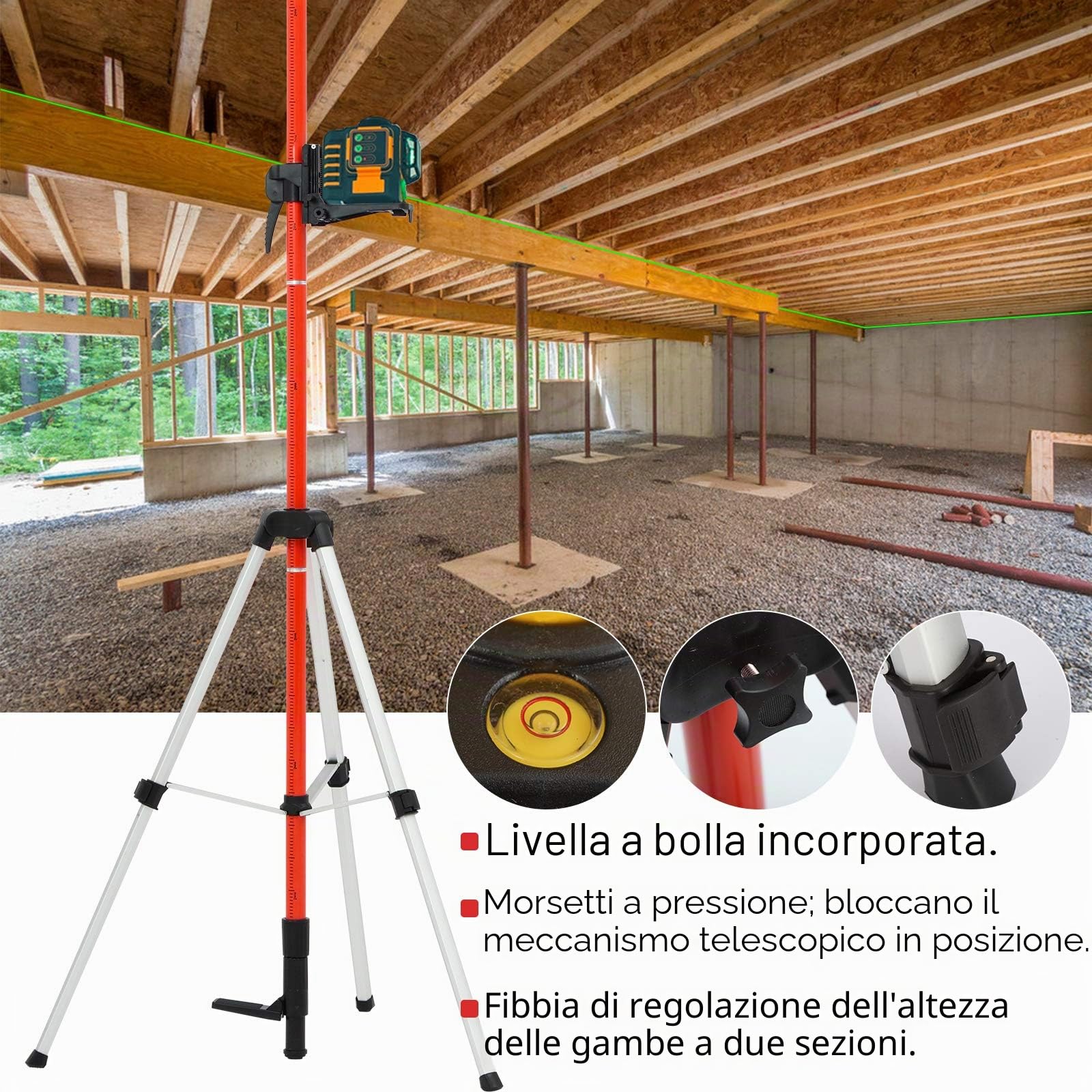 Asta telescopica per livelle laser, 3,7m/12ft Palo Telescopico con Treppiede, Supporto a Livello per Laser Rotante e Livella Laser, Con adattatori per filettatura da 1/4"-20 e 5/8"-11