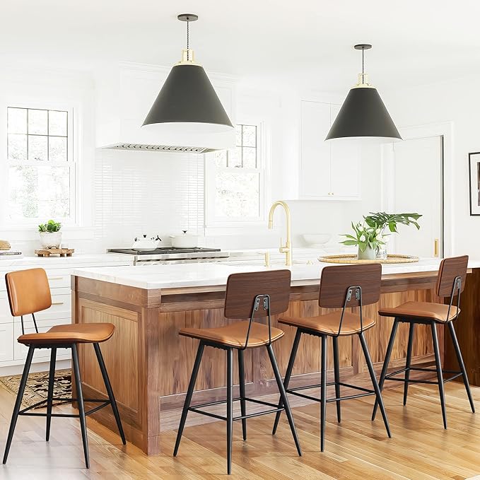 Bentwood Counter Height Bar Stool Set of 4, Whiskey Brown PU Leather Upholstered Barstools with Back, Footrest and Metal Legs, Bar Chairs 24.5 Inch for Kitchen/Dining Room/Bar/Basement