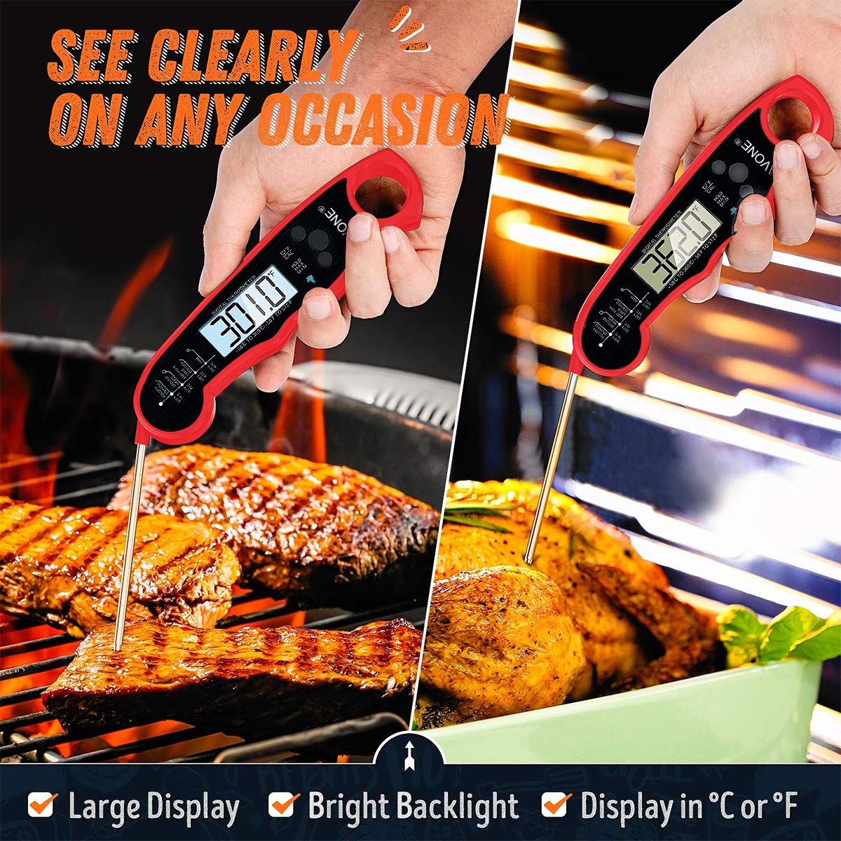 review LAVONE Meat Thermometer- Instant Read Meat Thermometer for Cooking, Fast & Precise Digital Food Thermometer with Backlight, Magnet, Calibration, and Foldable Probe for Deep Fry, BBQ and Grill