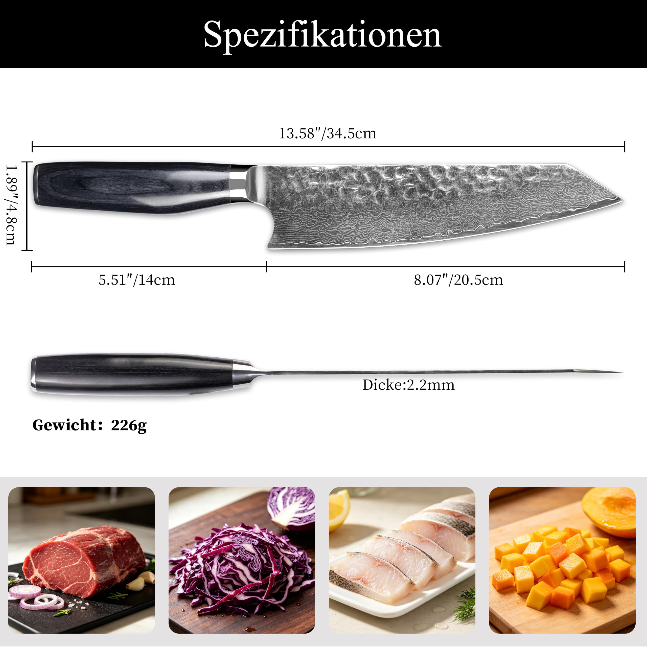 Kitory, couteau Kiritsuke japonais 20cm, lame acier Damas 67 couches 10Cr15CoMoV, manche en bois noir ergonomique, couteau de cuisine professionnel ultra-tranchant polyvalent