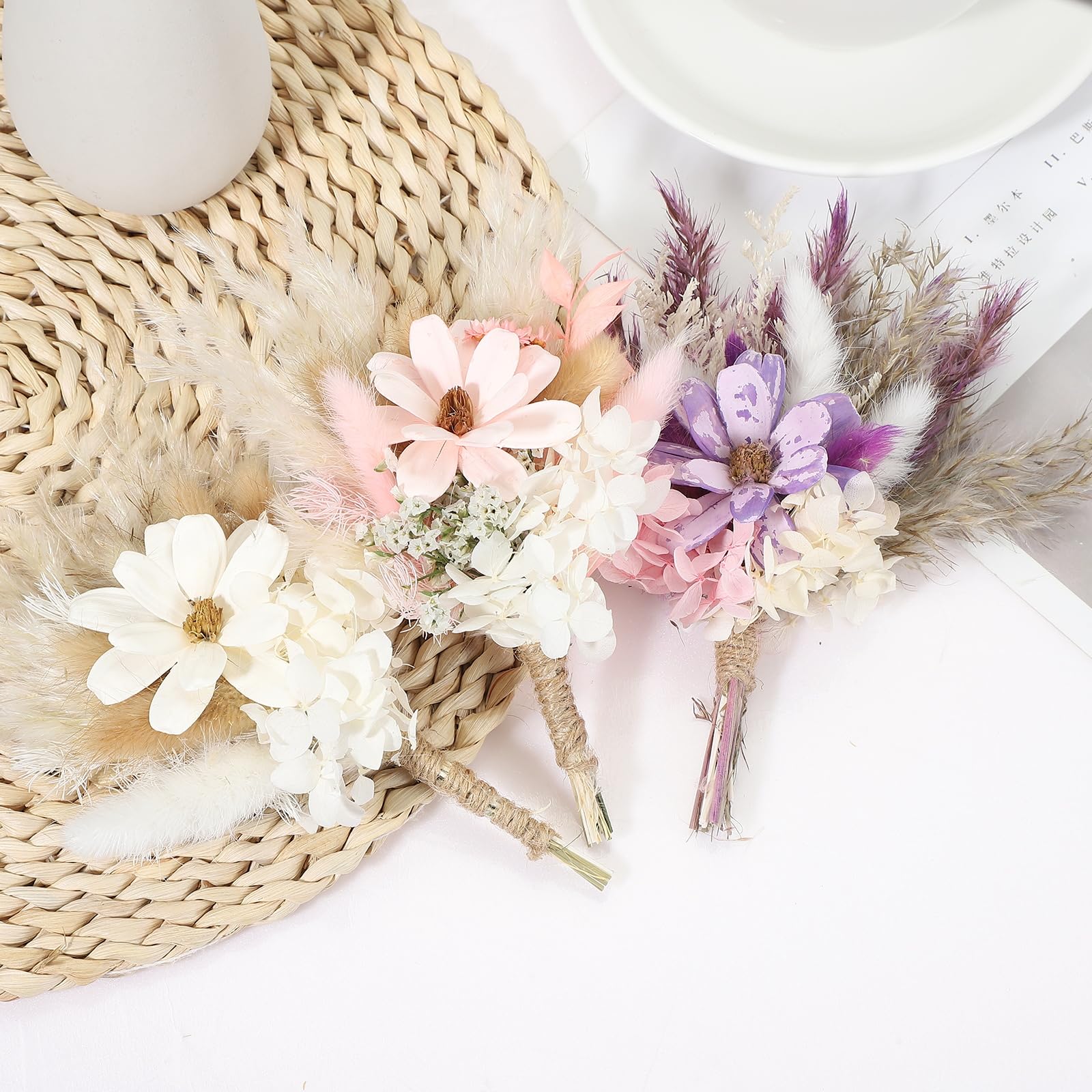 PATIKIL 10 Stück Trockenblumenstrauß Deko Set, Pampasgras Flauschige Wedel, Getrocknete Blumen, Trockenblumen zum Basteln für Bilderrahmen DIY, Tischdeko, Hochzeit, Lila/Weiß