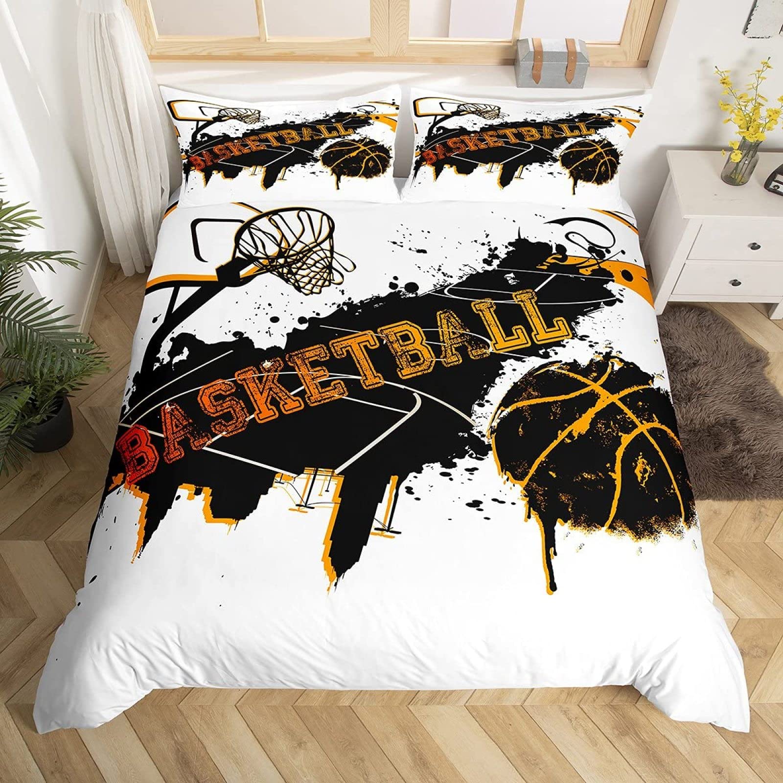 SJSXWQN Funda Nordica Cama 90 Infantiles Baloncesto Negro Edredón Cama 90 para Niñas Niños con Cremallera Microfibra de Suave y Transpirable Fundas Nordicas 150x220 cm + 2 Fundas de Almohada 50x80 cm