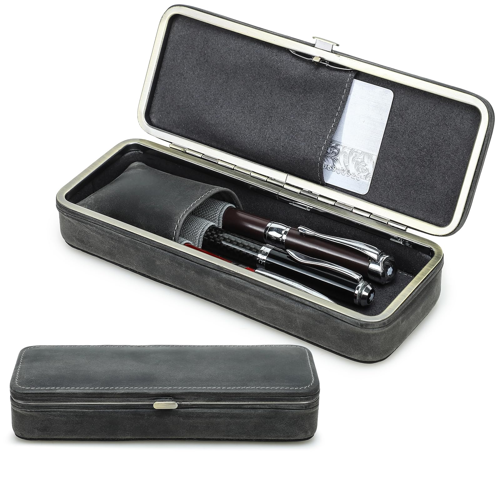 CONTACTS Leather Fountain Pens Case Box Handcrafted,Metal frame Closure Pencil Organizer Pockets Stationery Bag for Men/Woman Vintage Office 3 Pen Pouch with Card Slot