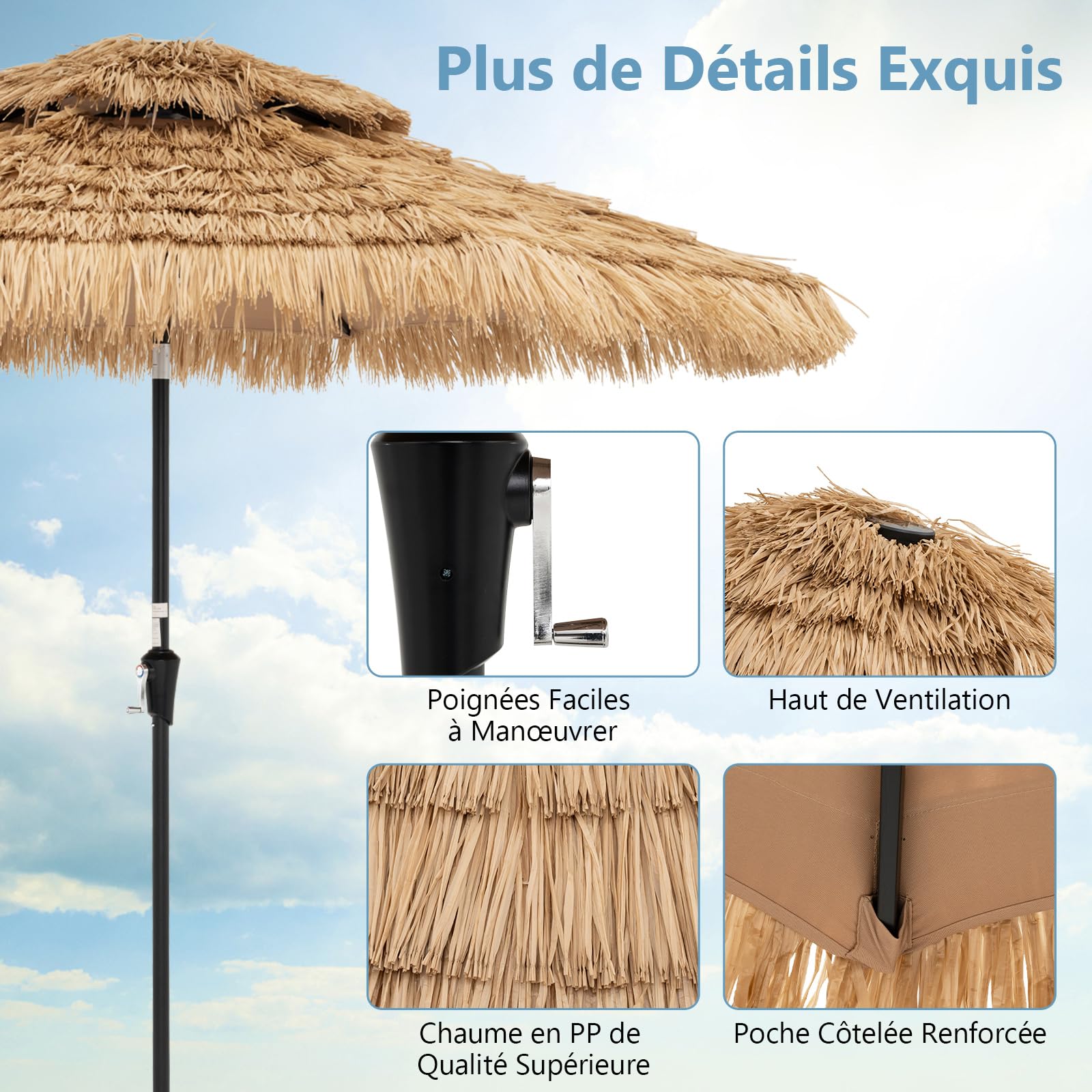 COSTWAY Parasol de Jardin Exterieur Ø 290 cm, Parasol Plage Hawaïen en 9 Couches Paille, 35° Inclinaison et Manivelle, 32 Lumières LED Solaire, 8 Baleines, pour Jardin Plage Piscine
