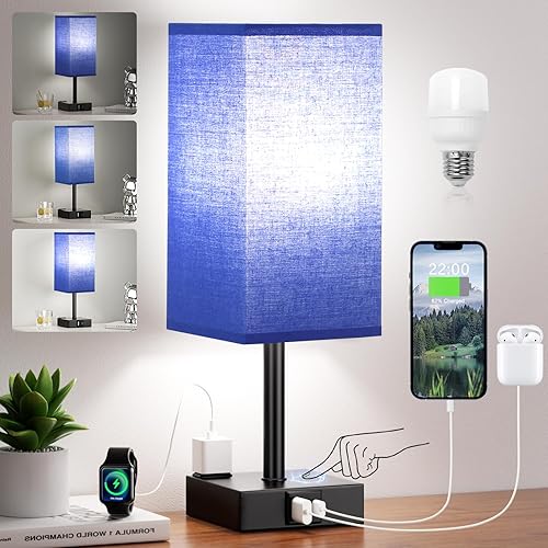 Lámpara negra para mesita de noche de dormitorio, lámpara táctil azul con salidas USB-C+A y CA, lámpara de mesa cuadrada de 3 vías para niños,