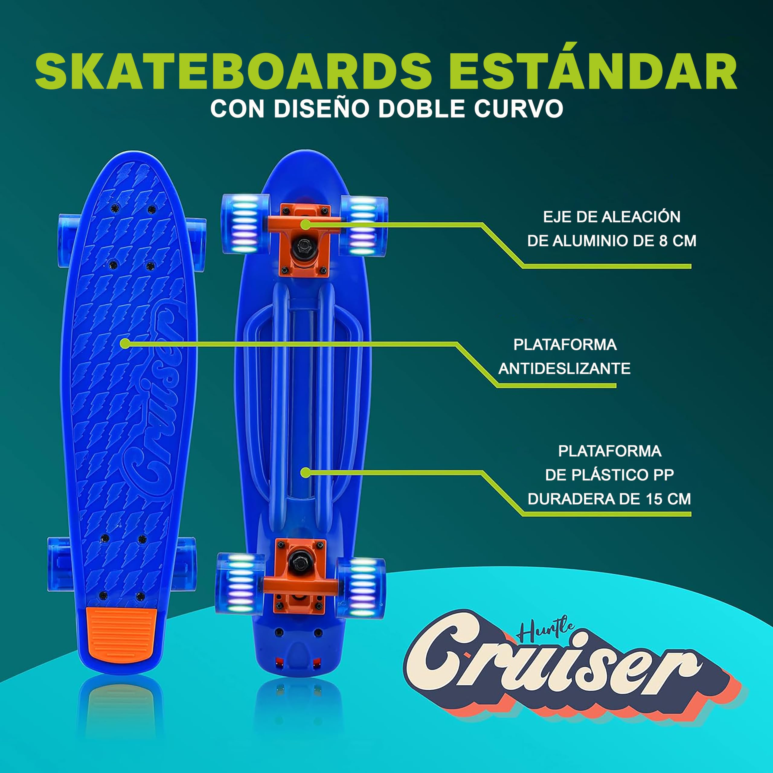 Hurtle Skateboard, Monopatin, Mini Crucero, Tabla, Plataforma de 6”, Ruedas PU con luz LED, Niños, Niñas, Adolescentes