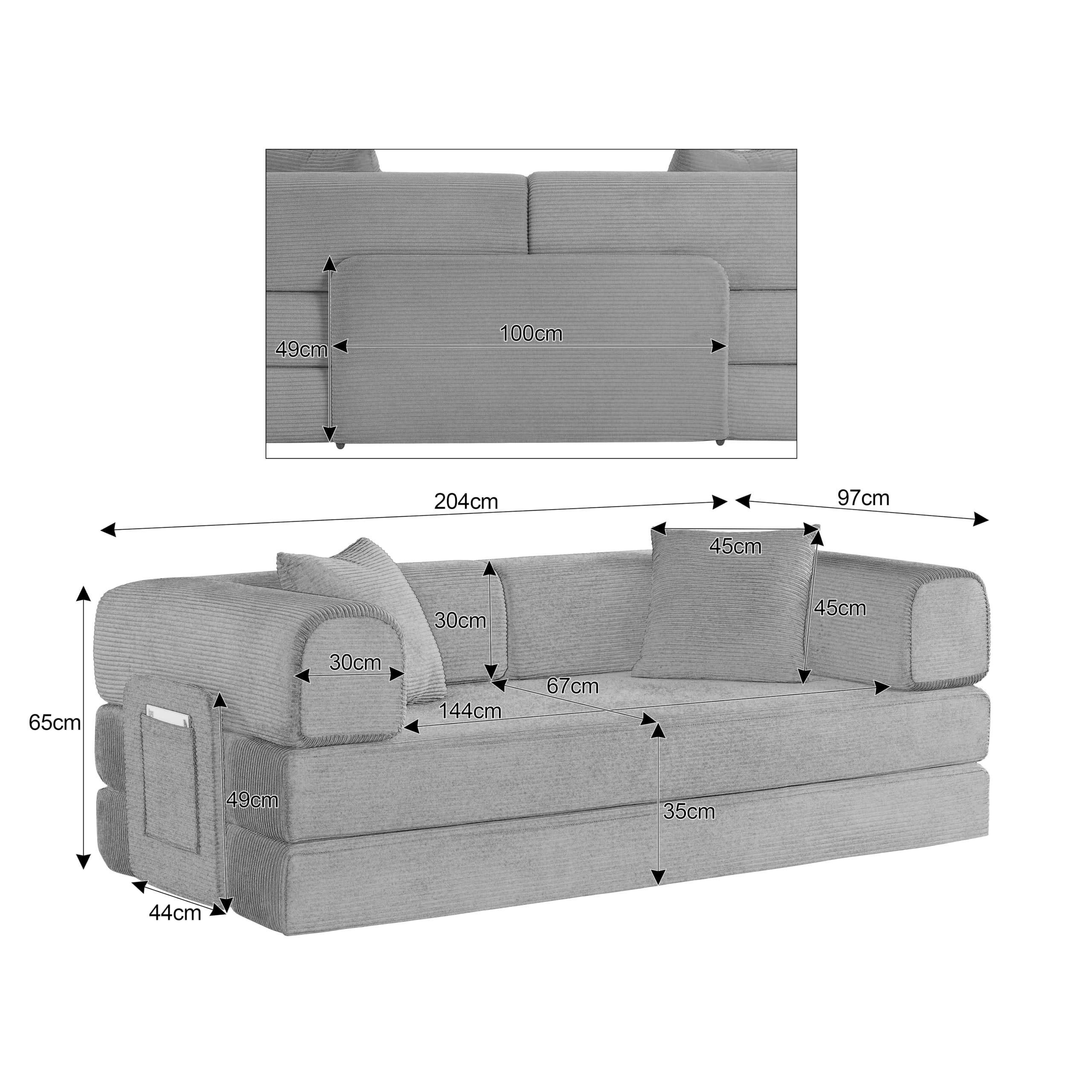 Sofa podłogowa rozkładana sofa modułowa z 2 poduszkami, stalowy stelaż, kolor brązowy