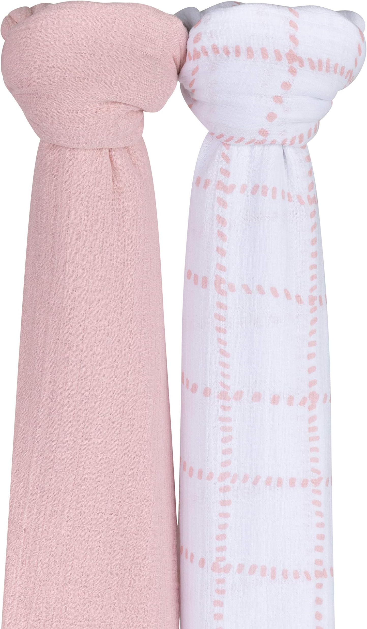 Petit Dreams 120 X 120 Cm Muslin Swaddle Blankets, Baby Girl, Pink Grid Lines & Solid Pink, (Pack of 2)