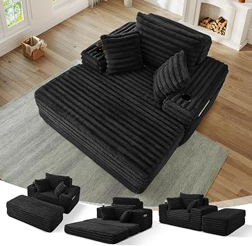 54.5"W Oversized Convertible Chaise Lounge Chair Indoor with Ottoman, 4-In-1 Faux Fur Folding Sleeper Sofa Bed with Cup Holder&Side Pocket,Comfy Boneless Couch Chair Bed for Living Room,BedroomBlack