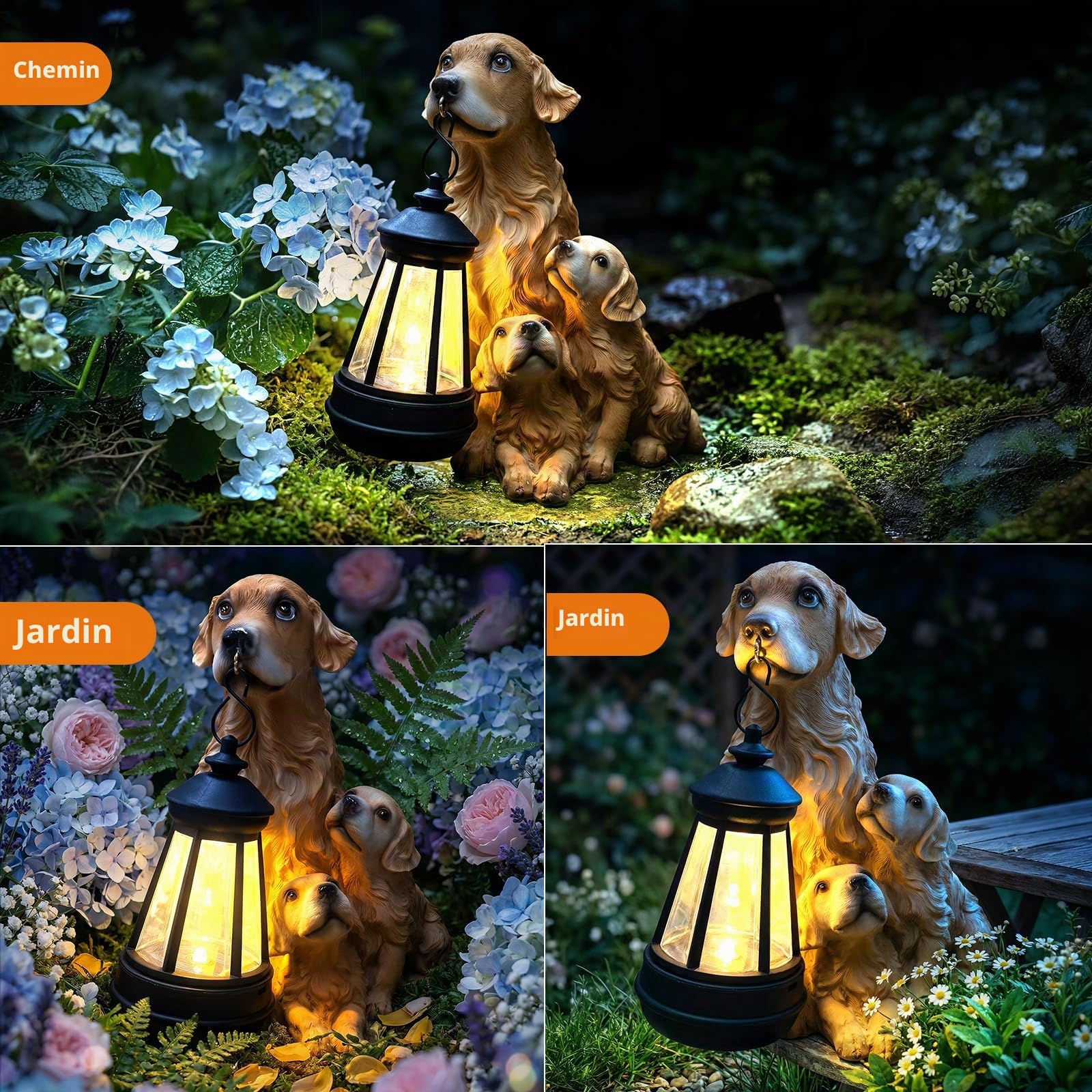 Statue de Jardin Chien Éclairage Solaire Extérieur: Figurine Chien Golden Retriever avec Chiots et Lanterne Solaire, Décoration Imperméable pour Balcon Terrasse, Idée Cadeau Anniversaire Femme Homme