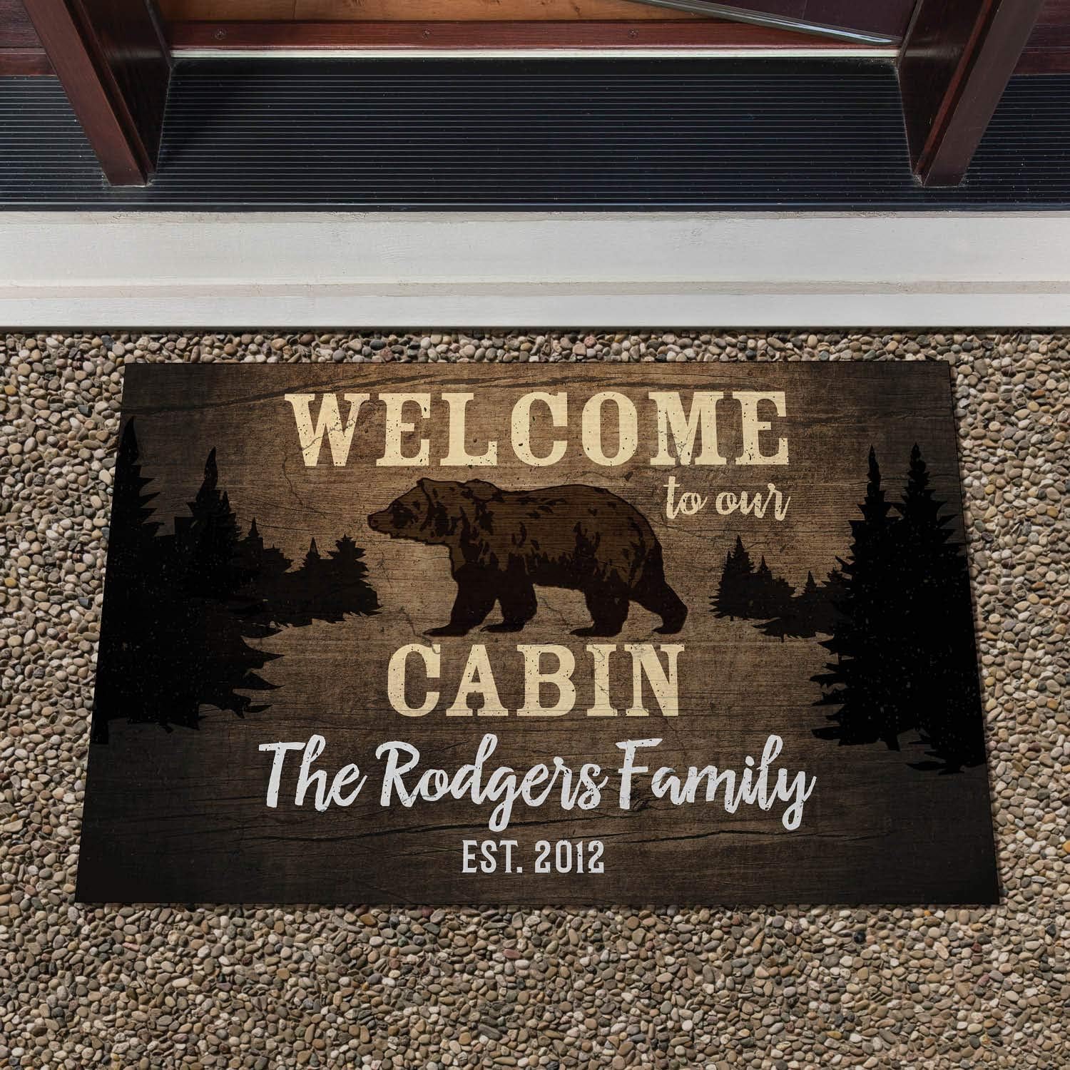 Welcome to Our Cabin Personalized Doormat - Brown Custom Entry Door Mat with Name Printing on Durable 1/8" Thick Low Profile Entrance Mat, Indoor Outdoor, Non Slip Rubber Backing, Rectangular, 18x27