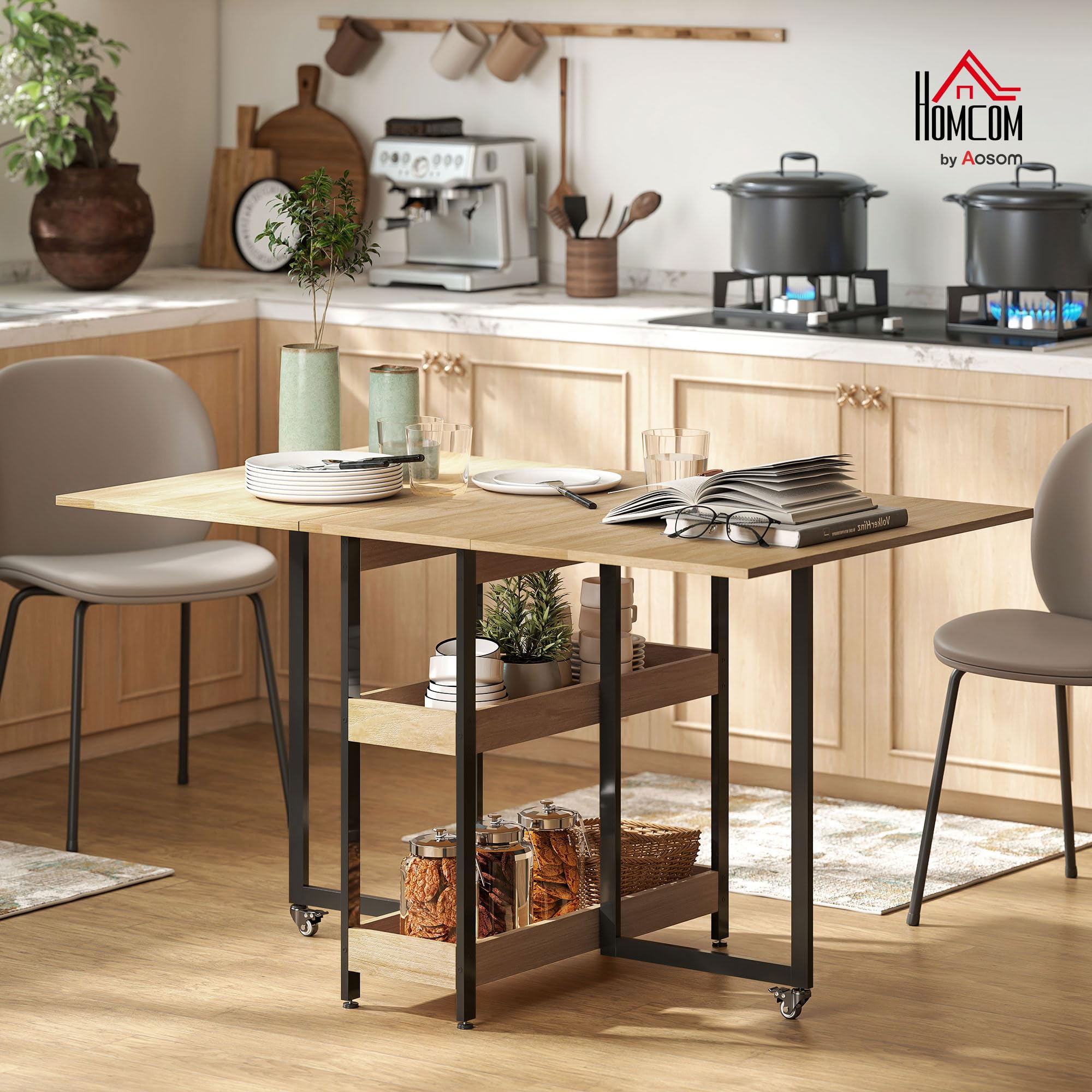 HOMCOM Table à Manger Pliante, Table Pliante Cuisine rectangulaire Extensible sur roulettes jusqu'à 4 Personnes avec Compartiments Ouverts, pour Petits espaces, Salle à Manger, chêne