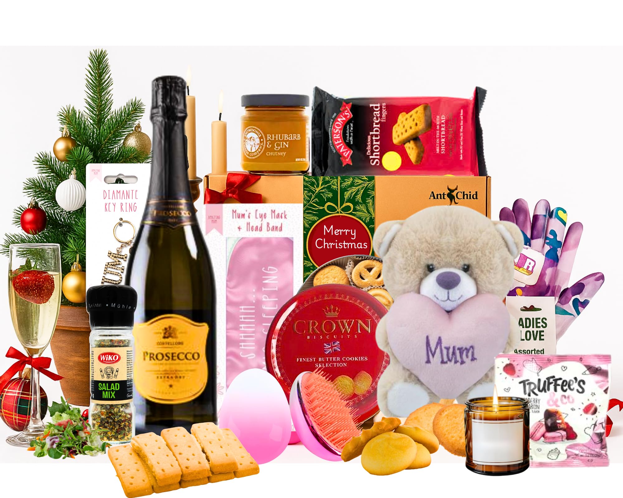 Ant & Chid Christmas Mum Hamper – Prosecco, Shortbread, Butter Cookies, Rhubarb & Gin Chutney, Teddy Bear & Spa Gifts | Festive Treat Box for Mum | Gift Set for Christmas Women