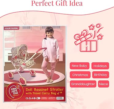 Baby Doll Stroller Play Set, 3-in-1 Babydoll Stroller with Removable Bassinet Baby Carriage for Dolls Toy Doll Stroller for Toddlers 3-4 Years, Floral