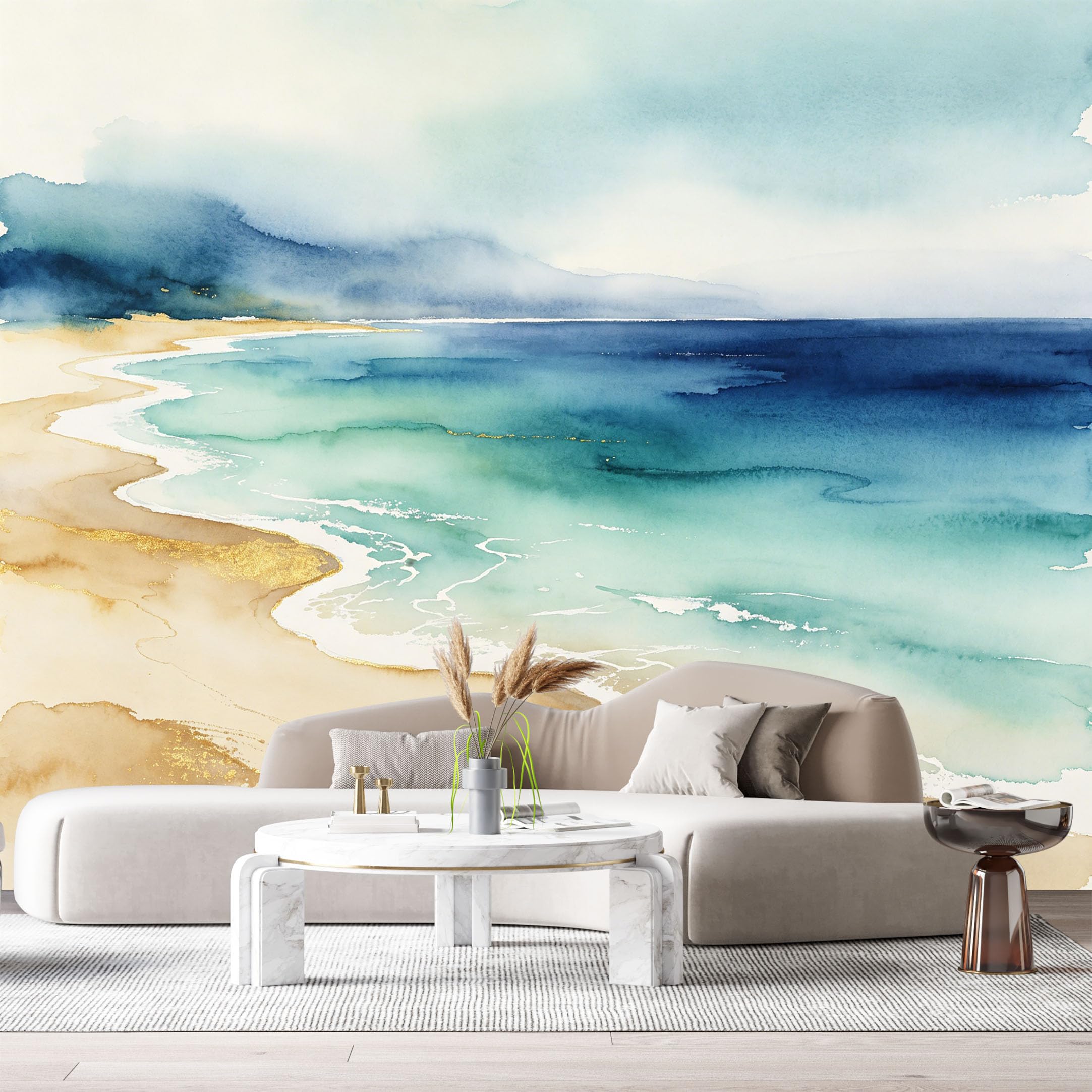 Custom Size Wall Murals Coastal Ocean Marine Watercolor Sandy Beach SelfAdhesiveWall Fabric Removable Wallpaper Wall Decor for Living Room Bedroom Bathroom