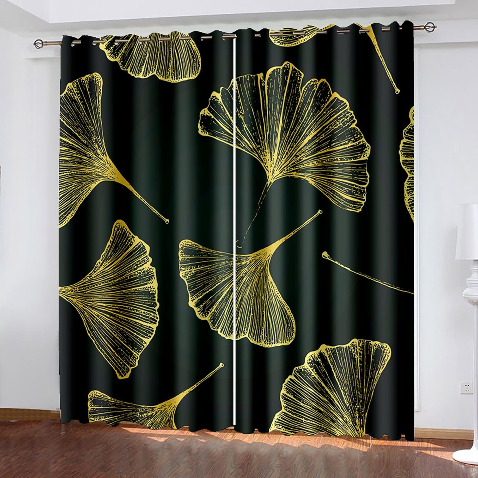 Lirzxin Window Blackout Curtains 84 Inch Drop, Thermal Insulated Window Curtain Eyelet Ginkgo Leaves Pattern Room Darkening Curtains for Light Blocking Dark Green Yellow 84 x 84 Inch, 2 Panels